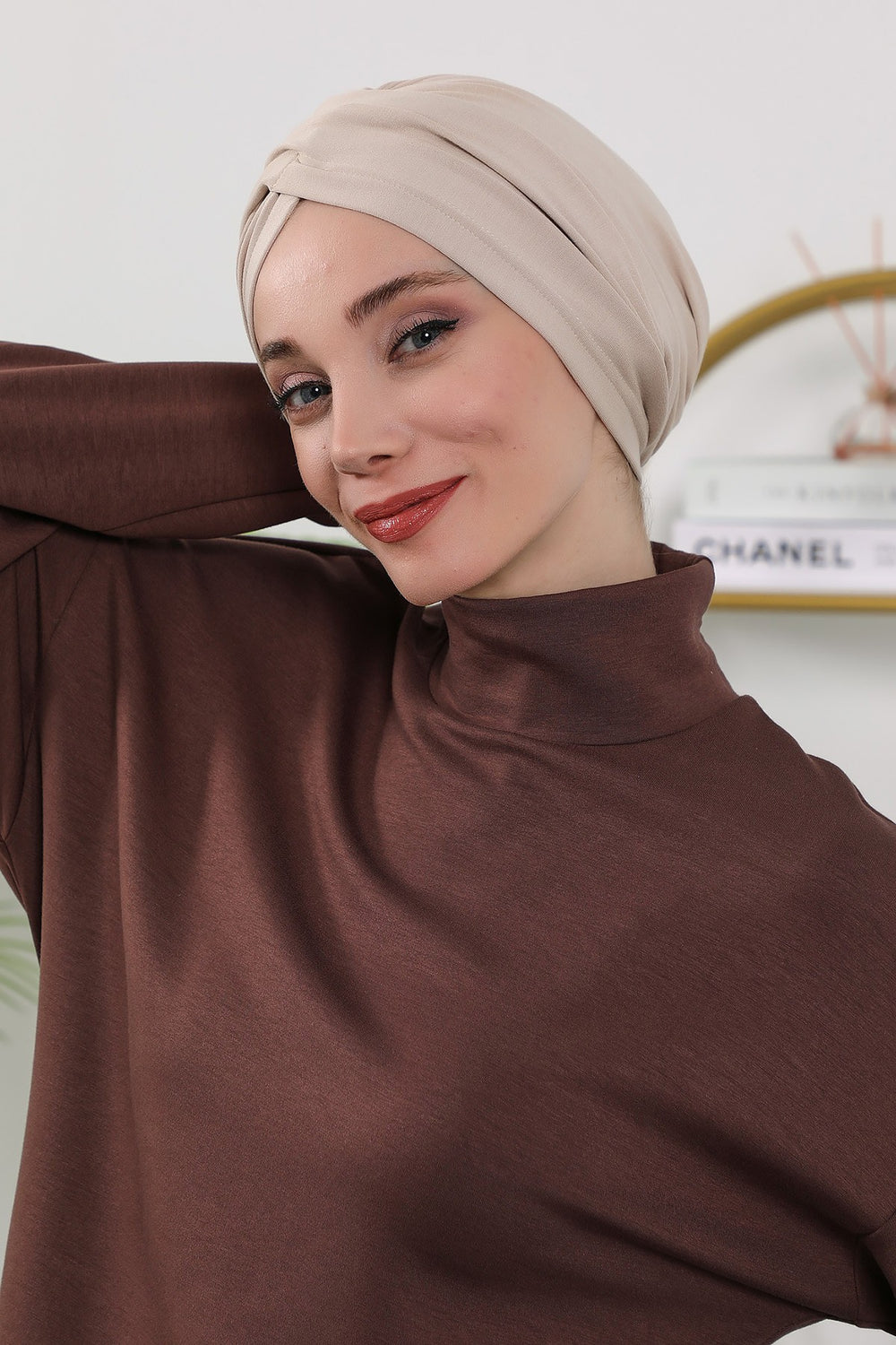 One Size Twist Front Bonnet Hijab, Soft Stretch Double Face Fabric Turban for Women, Modest All Seasons Underscarf Cap,B-9O Beige