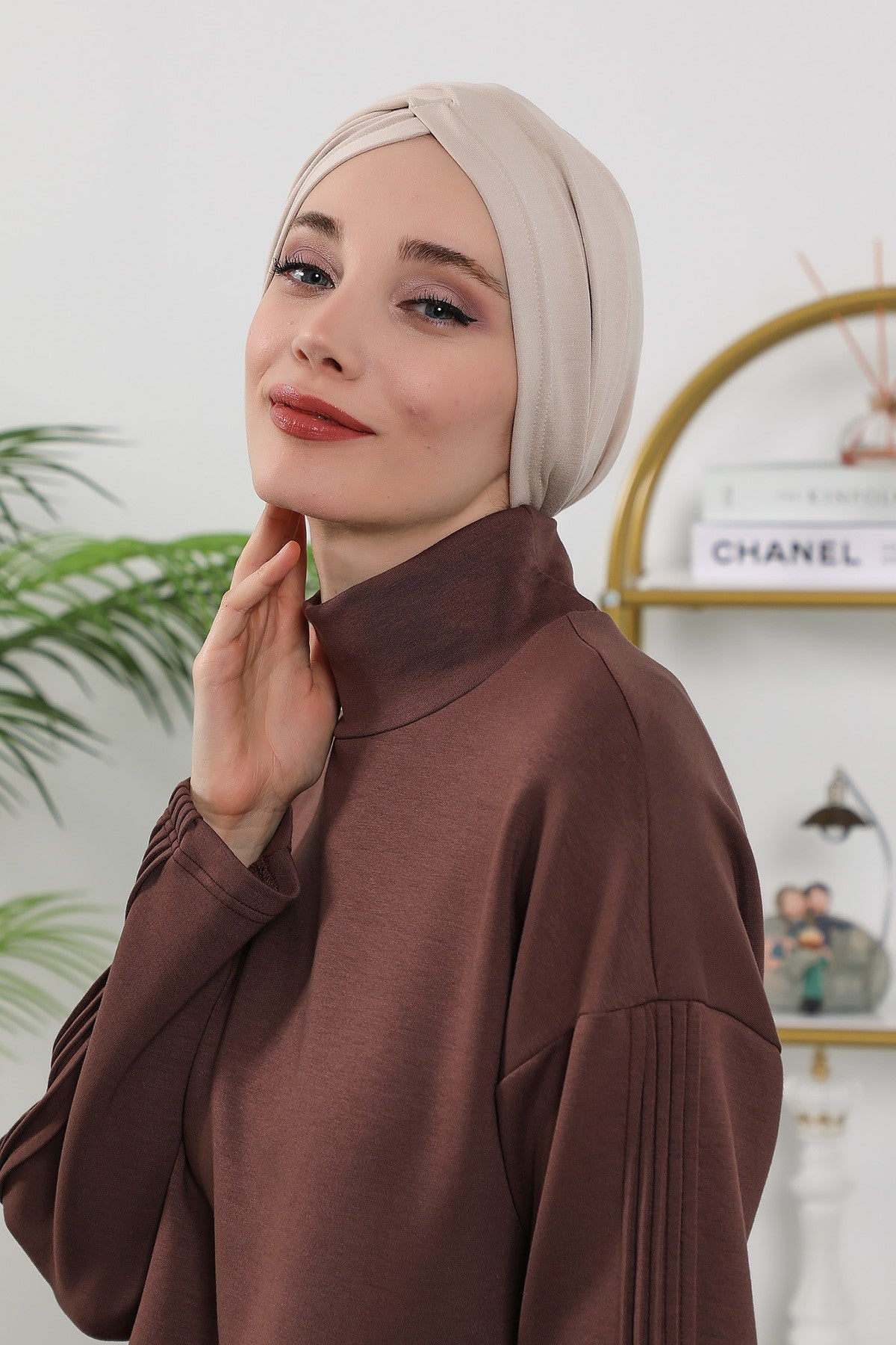 One Size Twist Front Bonnet Hijab, Soft Stretch Double Face Fabric Turban for Women, Modest All Seasons Underscarf Cap,B-9O Beige