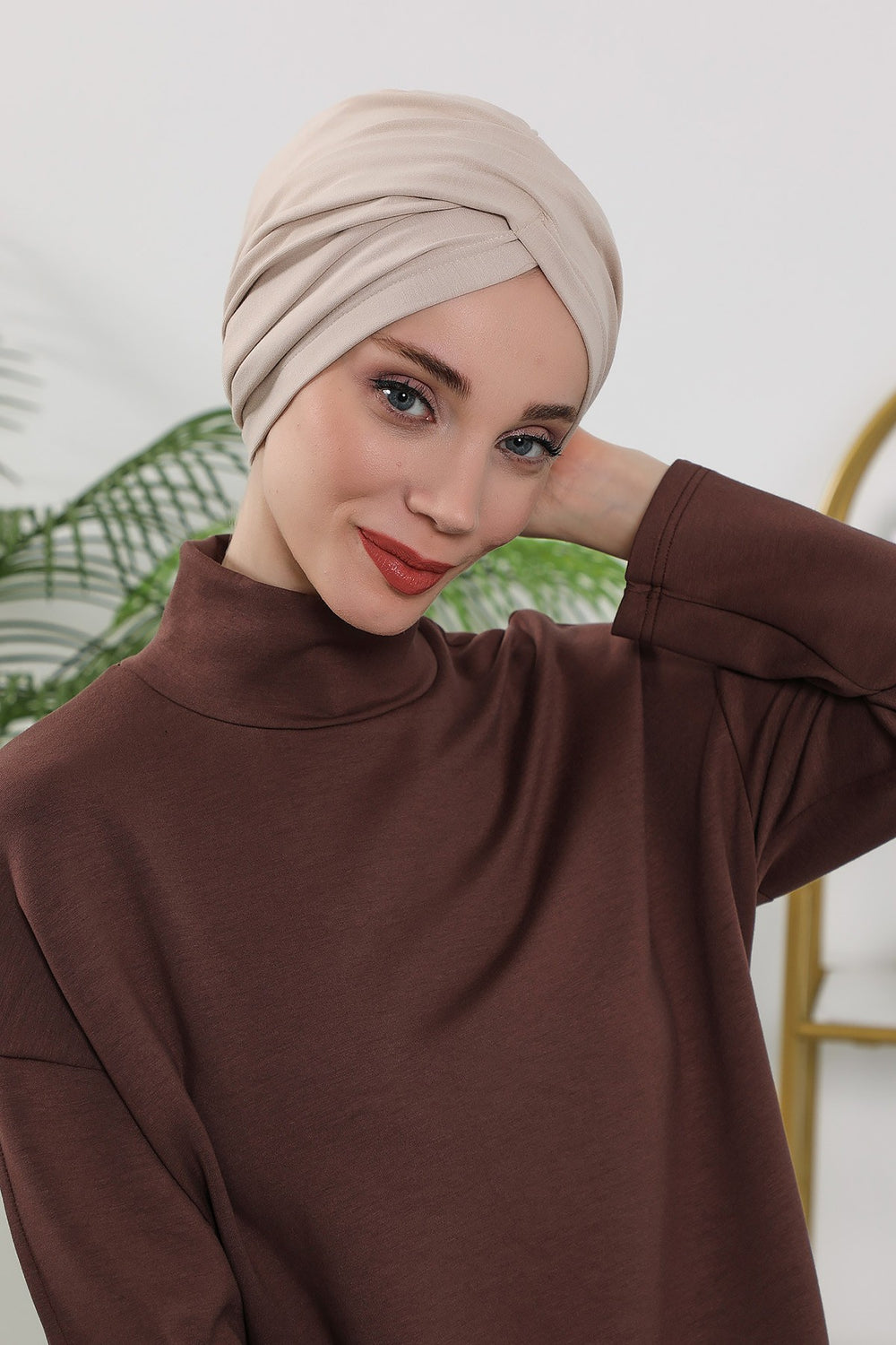 One Size Twist Front Bonnet Hijab, Soft Stretch Double Face Fabric Turban for Women, Modest All Seasons Underscarf Cap,B-9O Beige