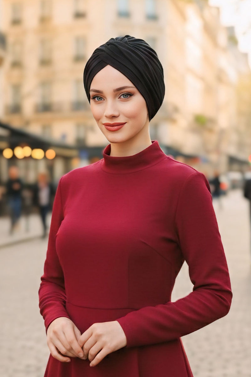 One Size Twist Front Bonnet Hijab, Soft Stretch Double Face Fabric Turban for Women, Modest All Seasons Underscarf Cap,B-9O