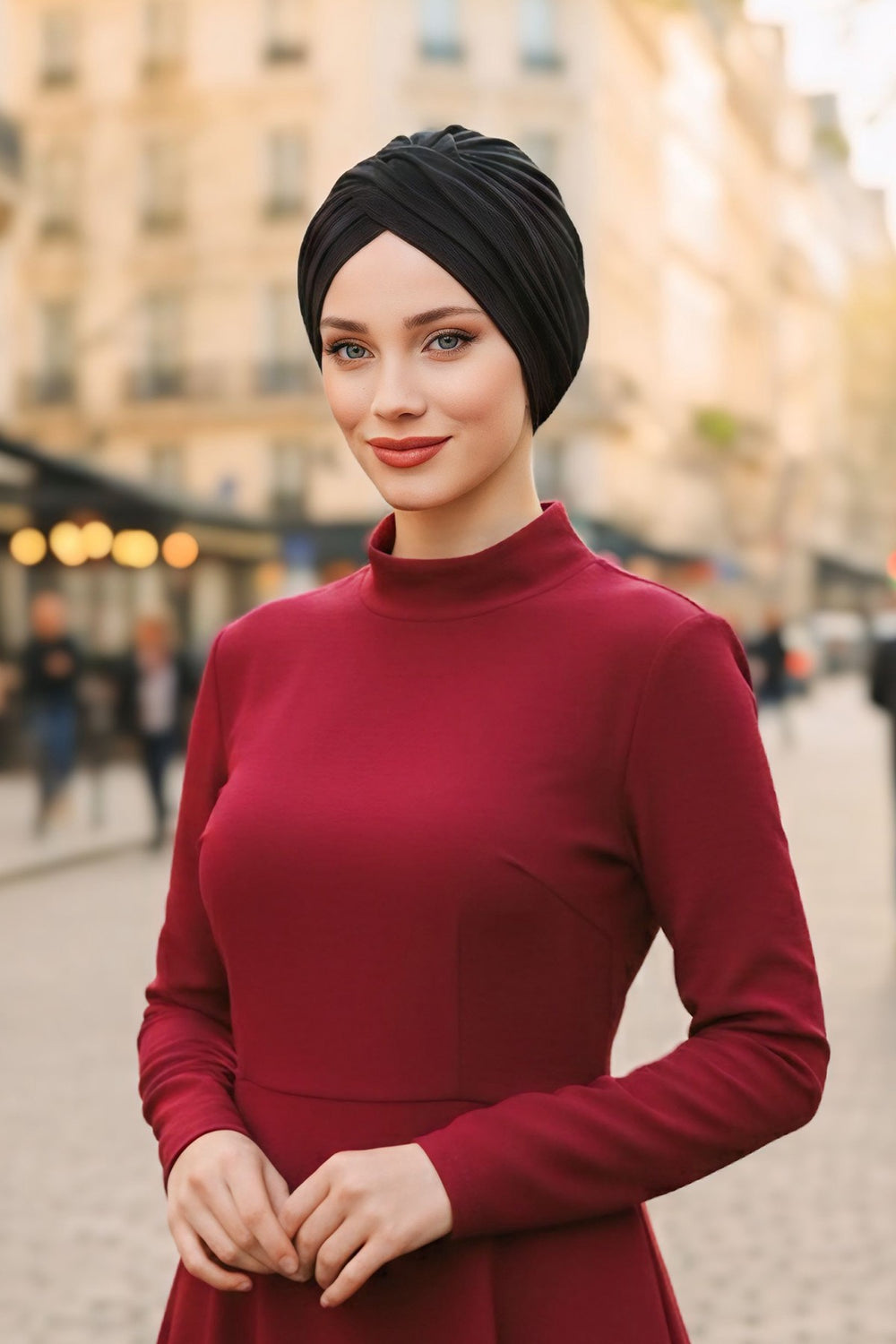 One Size Twist Front Bonnet Hijab, Soft Stretch Double Face Fabric Turban for Women, Modest All Seasons Underscarf Cap,B-9O Black