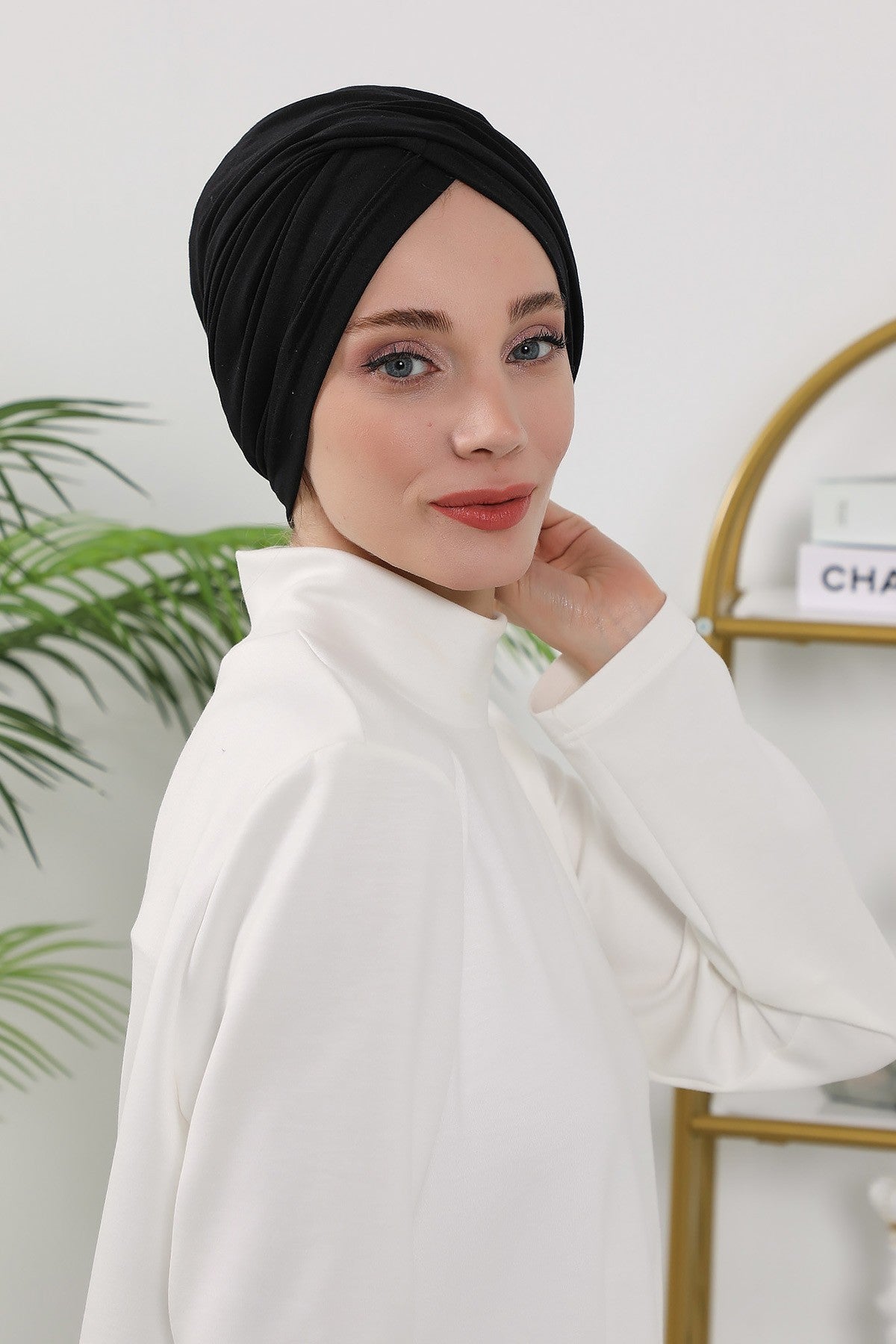 One Size Twist Front Bonnet Hijab, Soft Stretch Double Face Fabric Turban for Women, Modest All Seasons Underscarf Cap,B-9O Black