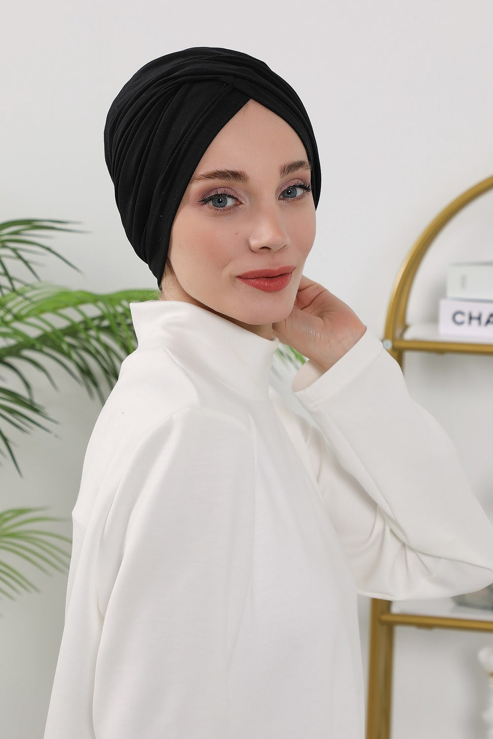 One Size Twist Front Bonnet Hijab, Soft Stretch Double Face Fabric Turban for Women, Modest All Seasons Underscarf Cap,B-9O Black