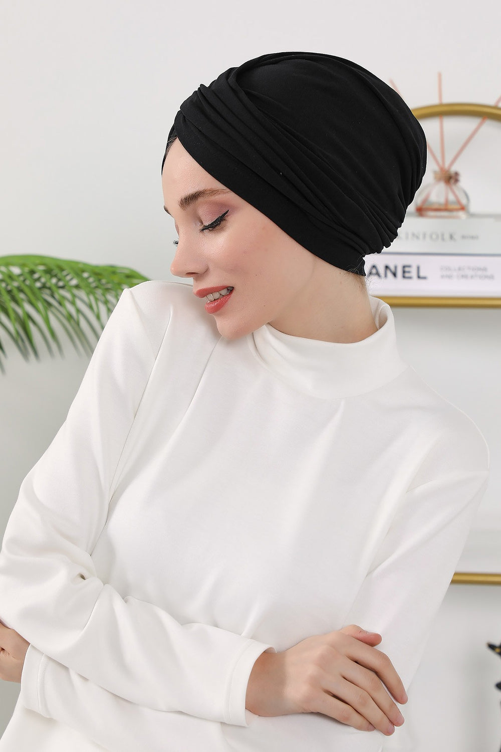 One Size Twist Front Bonnet Hijab, Soft Stretch Double Face Fabric Turban for Women, Modest All Seasons Underscarf Cap,B-9O Black