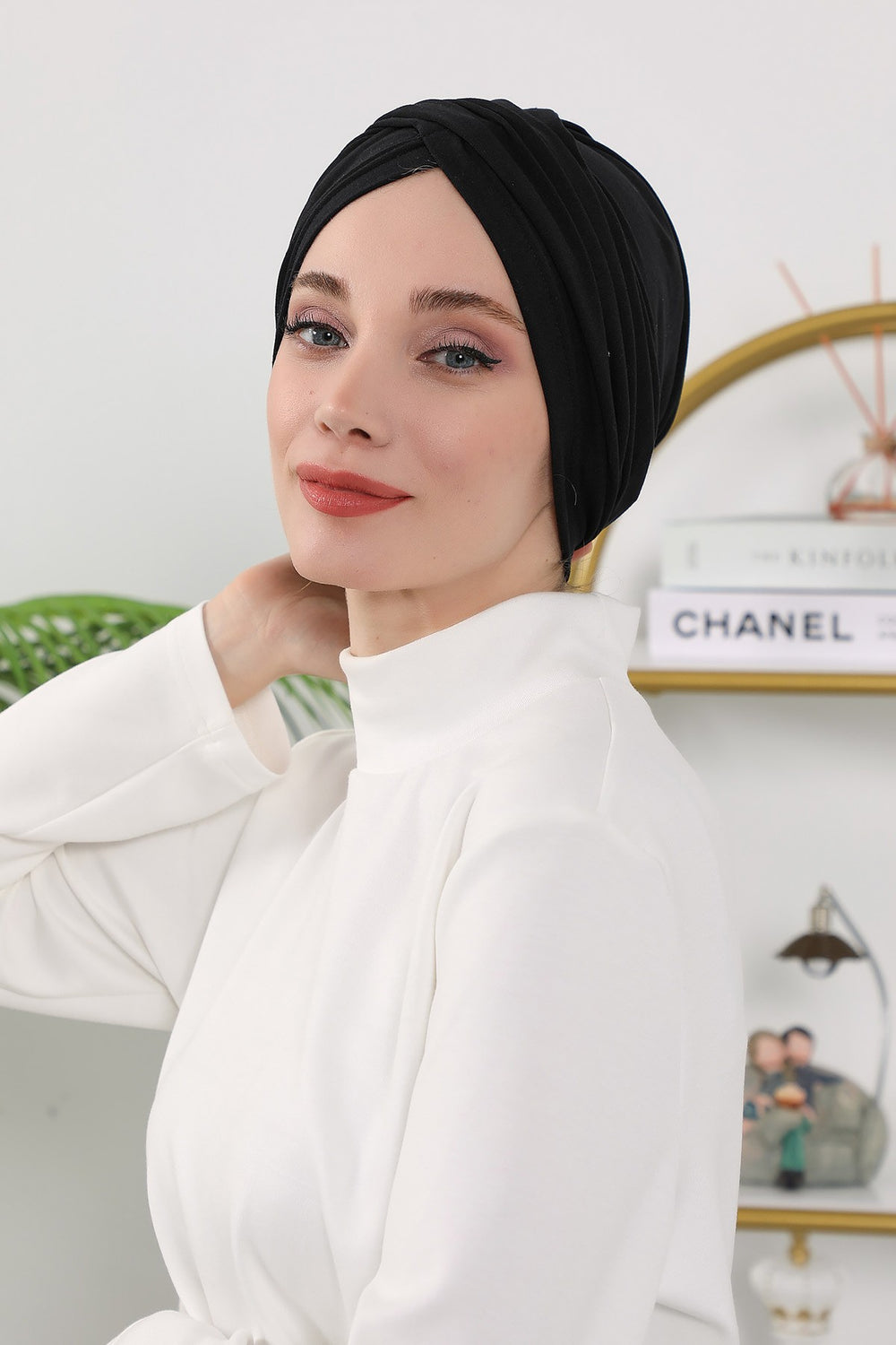 One Size Twist Front Bonnet Hijab, Soft Stretch Double Face Fabric Turban for Women, Modest All Seasons Underscarf Cap,B-9O Black