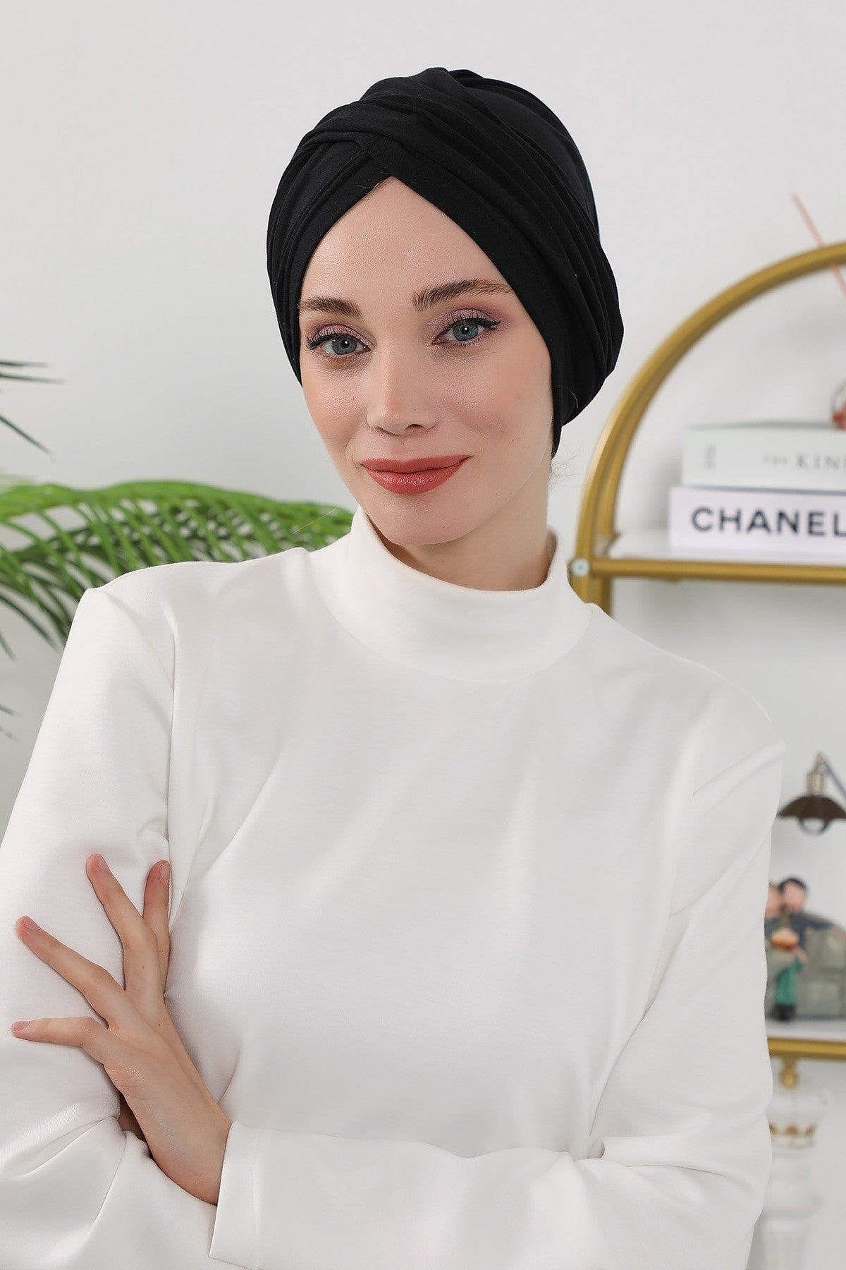 One Size Twist Front Bonnet Hijab, Soft Stretch Double Face Fabric Turban for Women, Modest All Seasons Underscarf Cap,B-9O Black