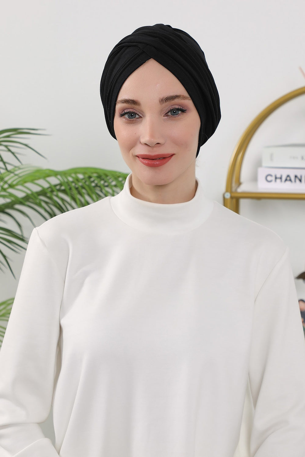 One Size Twist Front Bonnet Hijab, Soft Stretch Double Face Fabric Turban for Women, Modest All Seasons Underscarf Cap,B-9O Black