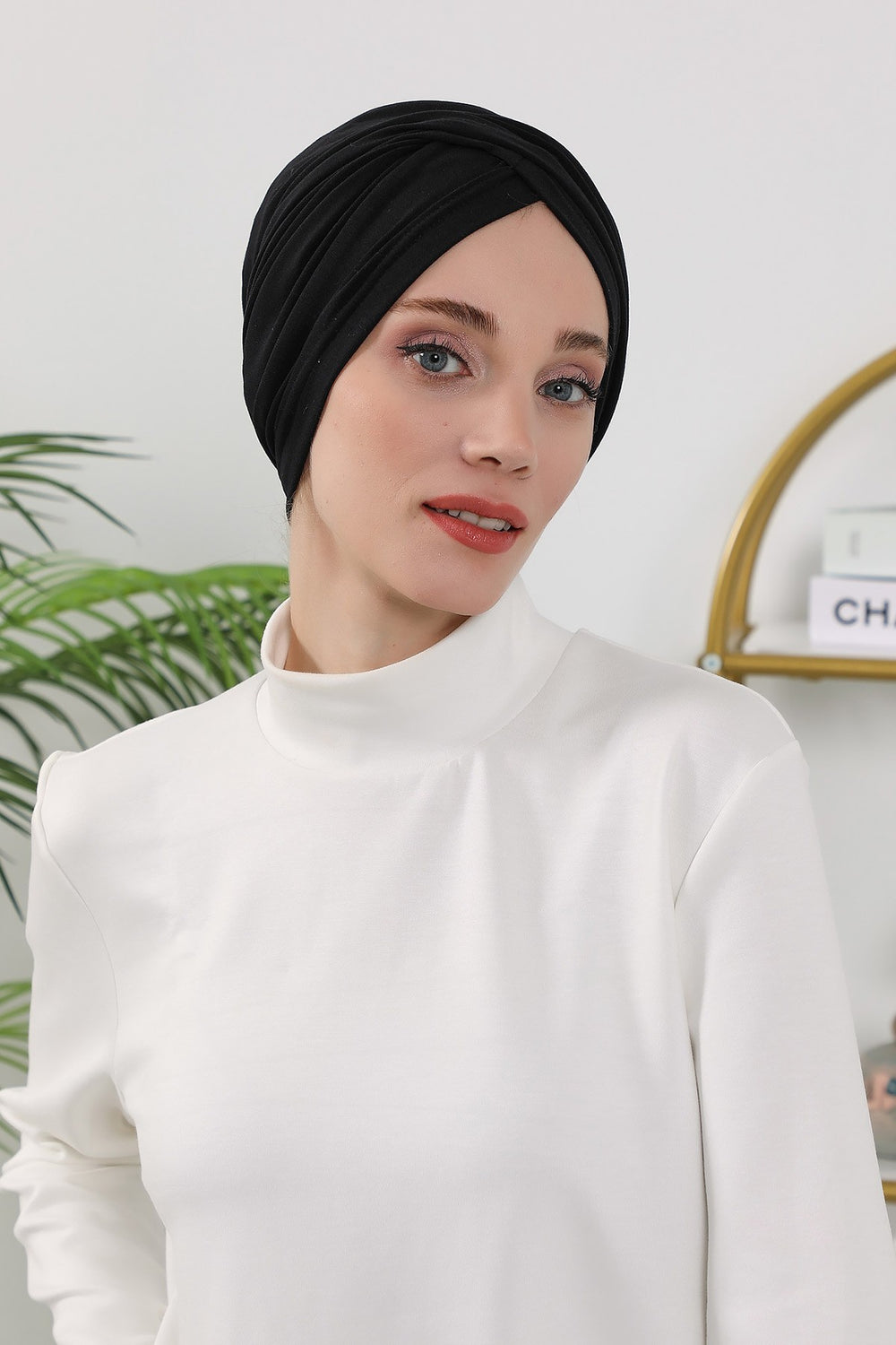 One Size Twist Front Bonnet Hijab, Soft Stretch Double Face Fabric Turban for Women, Modest All Seasons Underscarf Cap,B-9O Black