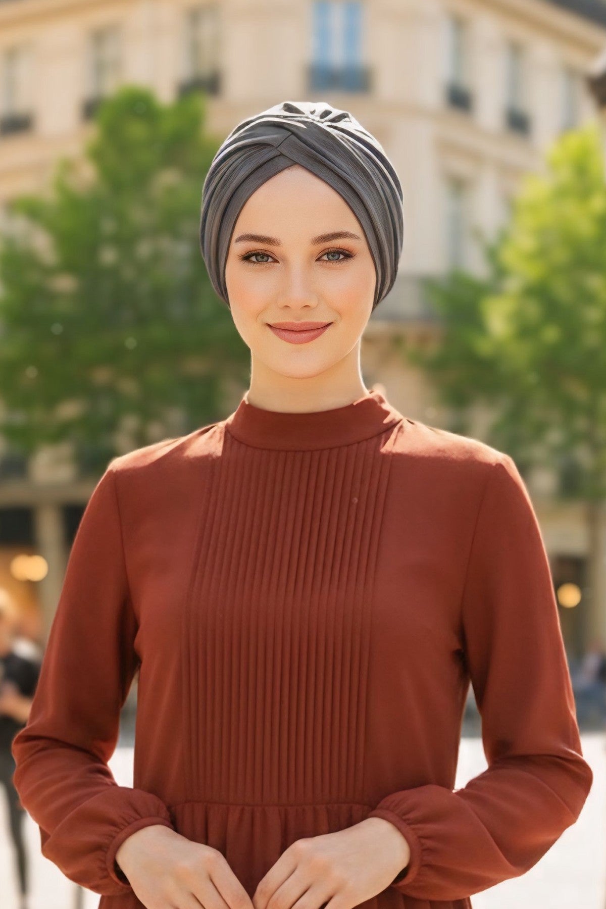 One Size Twist Front Bonnet Hijab, Soft Stretch Double Face Fabric Turban for Women, Modest All Seasons Underscarf Cap,B-9O Anthracite
