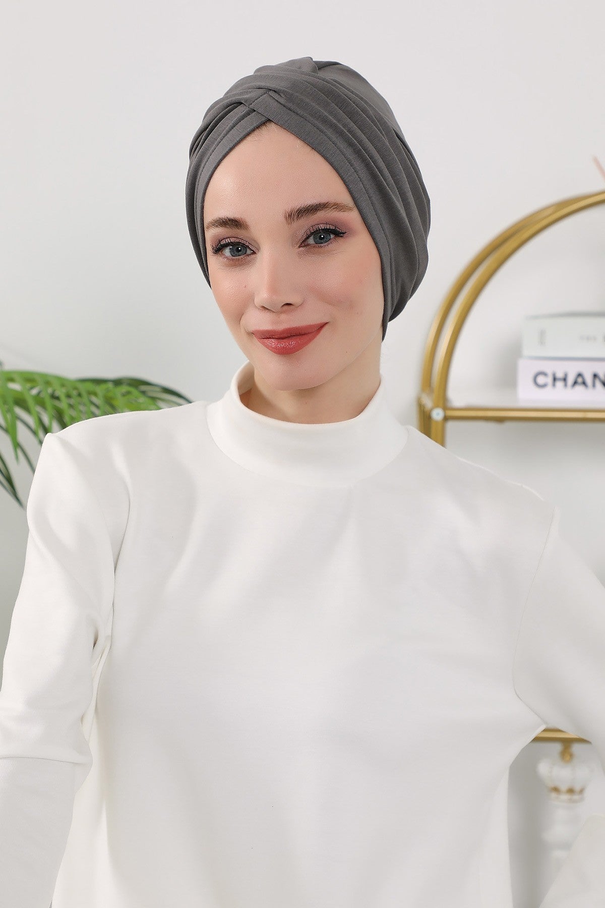 One Size Twist Front Bonnet Hijab, Soft Stretch Double Face Fabric Turban for Women, Modest All Seasons Underscarf Cap,B-9O Anthracite