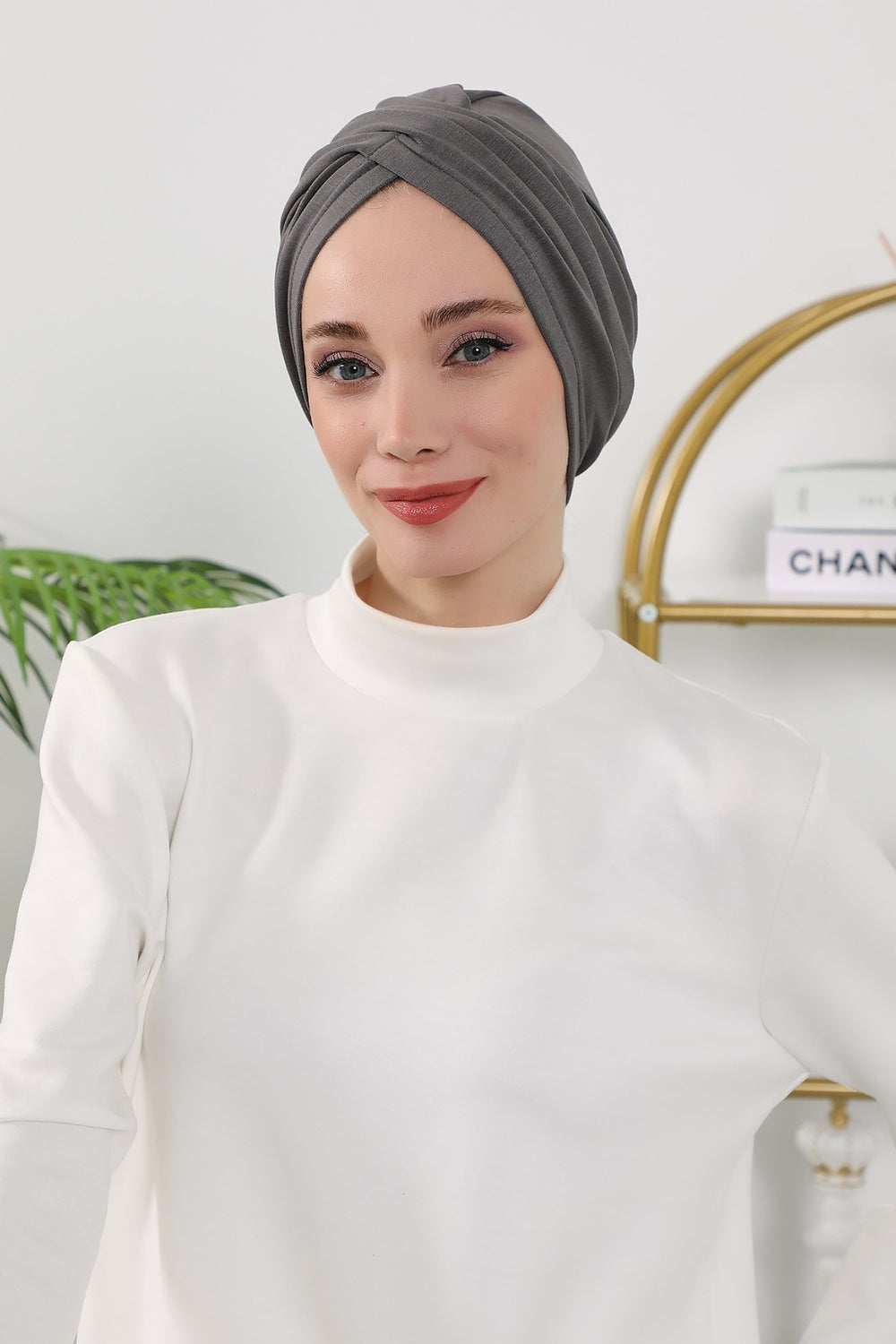One Size Twist Front Bonnet Hijab, Soft Stretch Double Face Fabric Turban for Women, Modest All Seasons Underscarf Cap,B-9O Anthracite