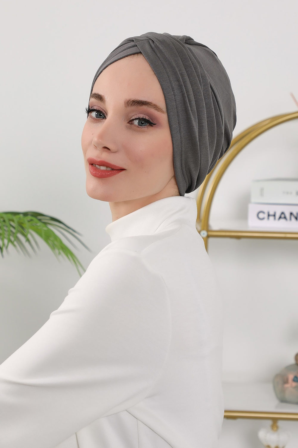 One Size Twist Front Bonnet Hijab, Soft Stretch Double Face Fabric Turban for Women, Modest All Seasons Underscarf Cap,B-9O Anthracite