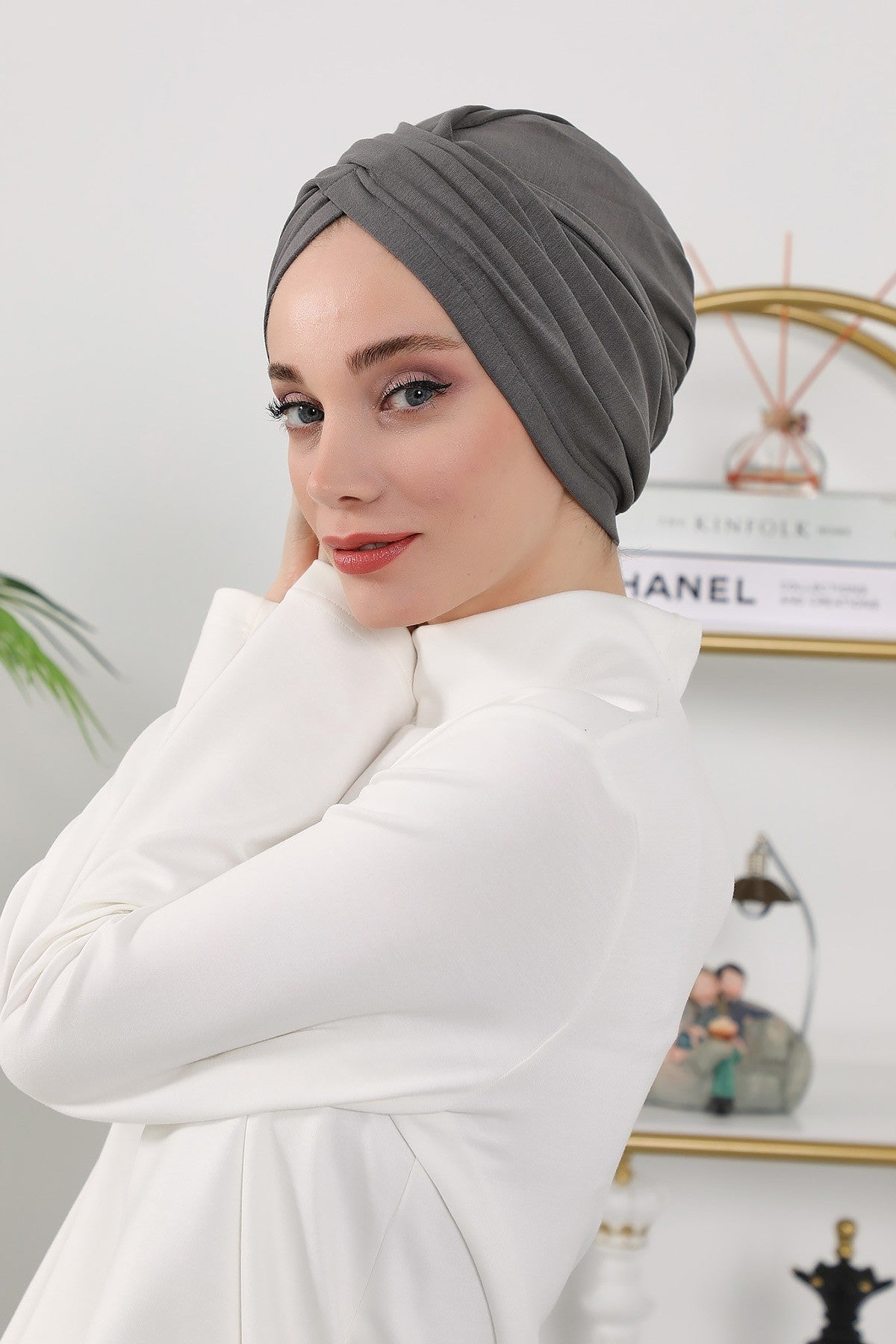 One Size Twist Front Bonnet Hijab, Soft Stretch Double Face Fabric Turban for Women, Modest All Seasons Underscarf Cap,B-9O Anthracite