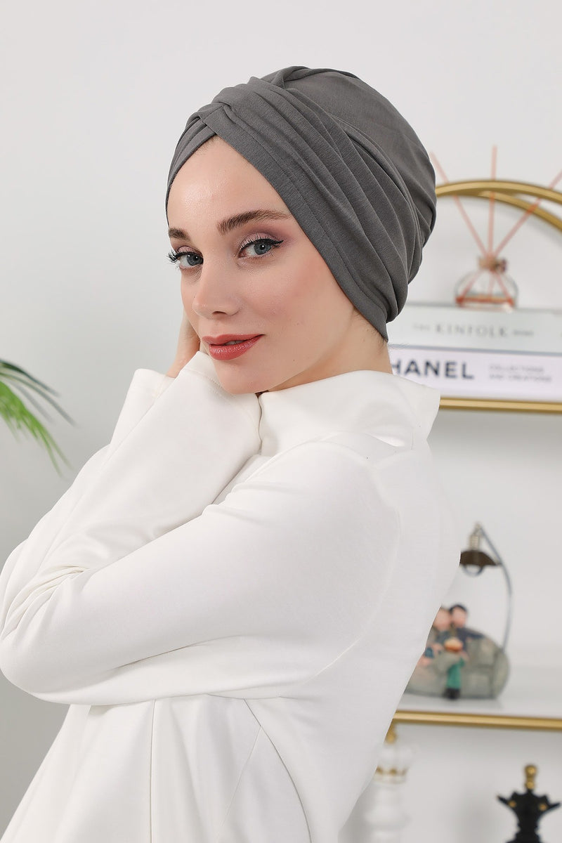 One Size Twist Front Bonnet Hijab, Soft Stretch Double Face Fabric Turban for Women, Modest All Seasons Underscarf Cap,B-9O