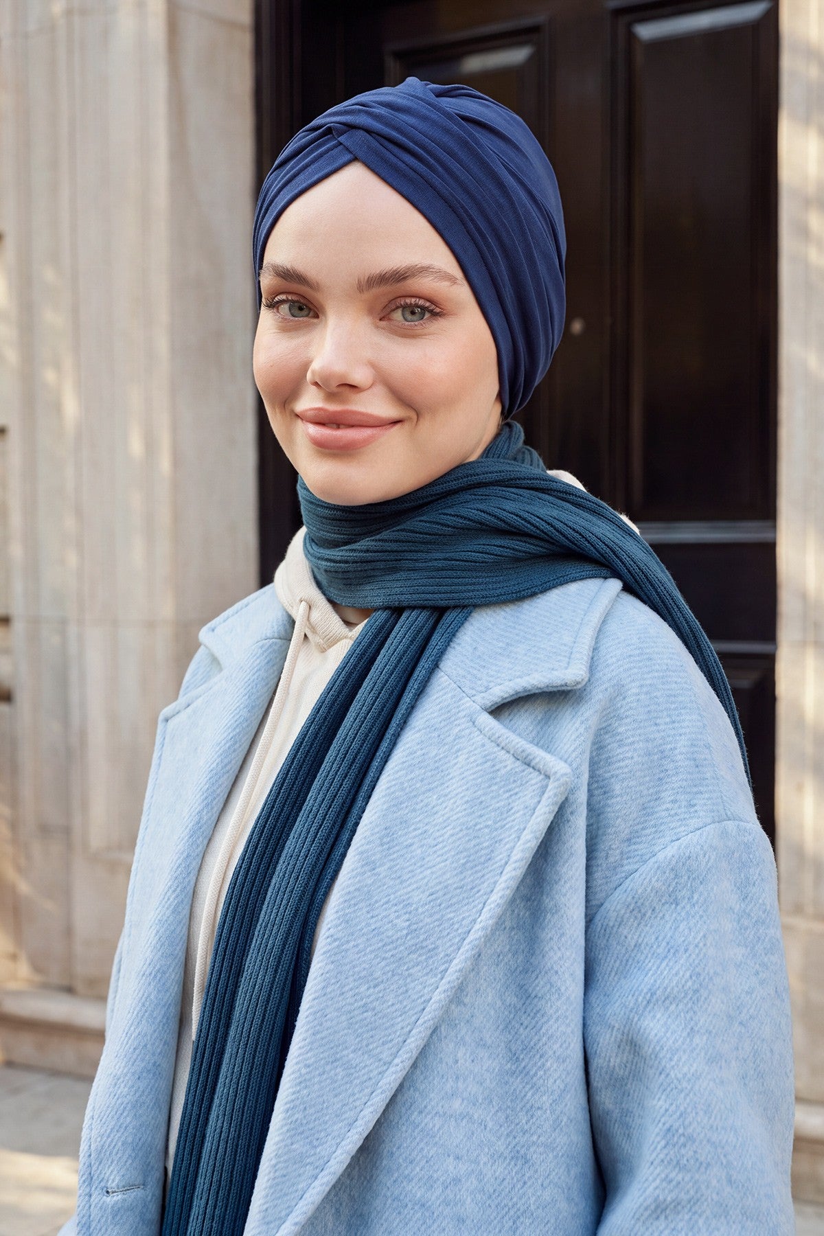 One Size Twist Front Bonnet Hijab, Soft Stretch Double Face Fabric Turban for Women, Modest All Seasons Underscarf Cap,B-9O Navy Blue