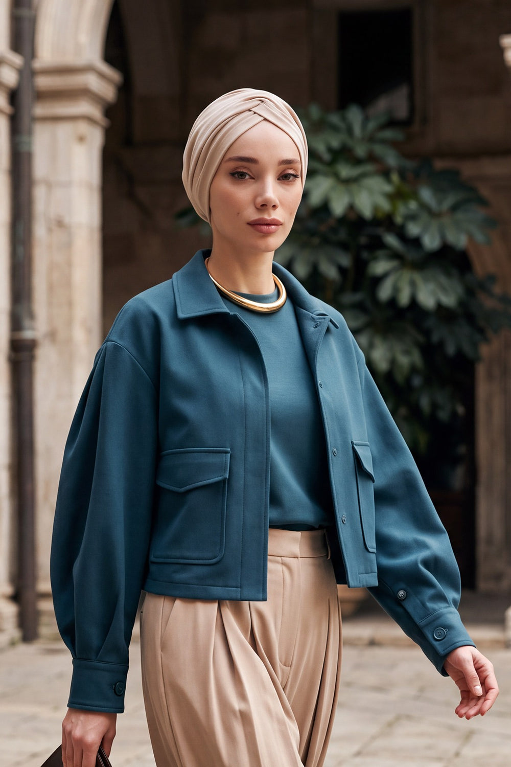 One Size Twist Front Bonnet Hijab, Soft Stretch Double Face Fabric Turban for Women, Modest All Seasons Underscarf Cap,B-9O Beige
