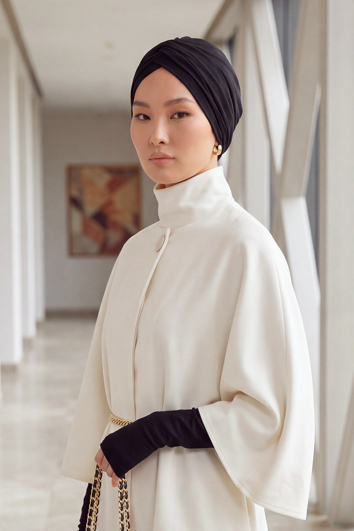 One Size Twist Front Bonnet Hijab, Soft Stretch Double Face Fabric Turban for Women, Modest All Seasons Underscarf Cap,B-9O Black