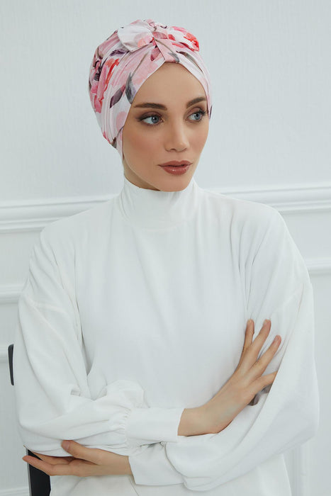 Handmade Instant Turban Bonnet Cap with Bow Tie on the Front Side, Fashionable Cotton Head Wrap Lightweight Head Scarf with Bow Tie,B-7YD