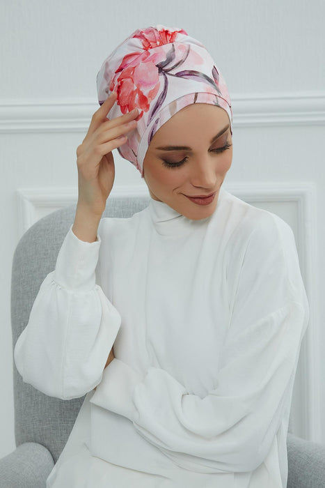 Cotton Printed Instant Turban Scarf For Women with Rose Detail at the Back Side, Stylish Patterned Elegant Turban Bonnet Cap,B-53YD