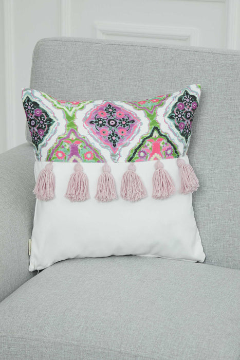 Bohemian Lumbar Printed Pillow Cover with Hanging Tassels, 18x18 Inches Decorative Patterned Cushion Cover for Eclectic Home Decors,K-271