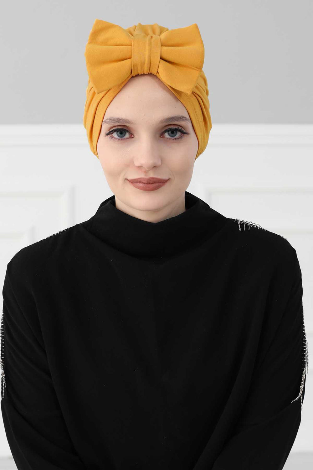 Plain Cotton Instant Turban with a Removable Big Bowtie, Chic Bonnet Scarf Head Wrap for Women, Comfortable and Stylish Chemo Headwear,B-27 Mustard Yellow