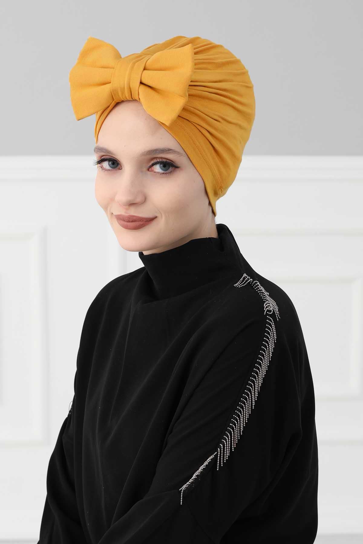Plain Cotton Instant Turban with a Removable Big Bowtie, Chic Bonnet Scarf Head Wrap for Women, Comfortable and Stylish Chemo Headwear,B-27 Mustard Yellow