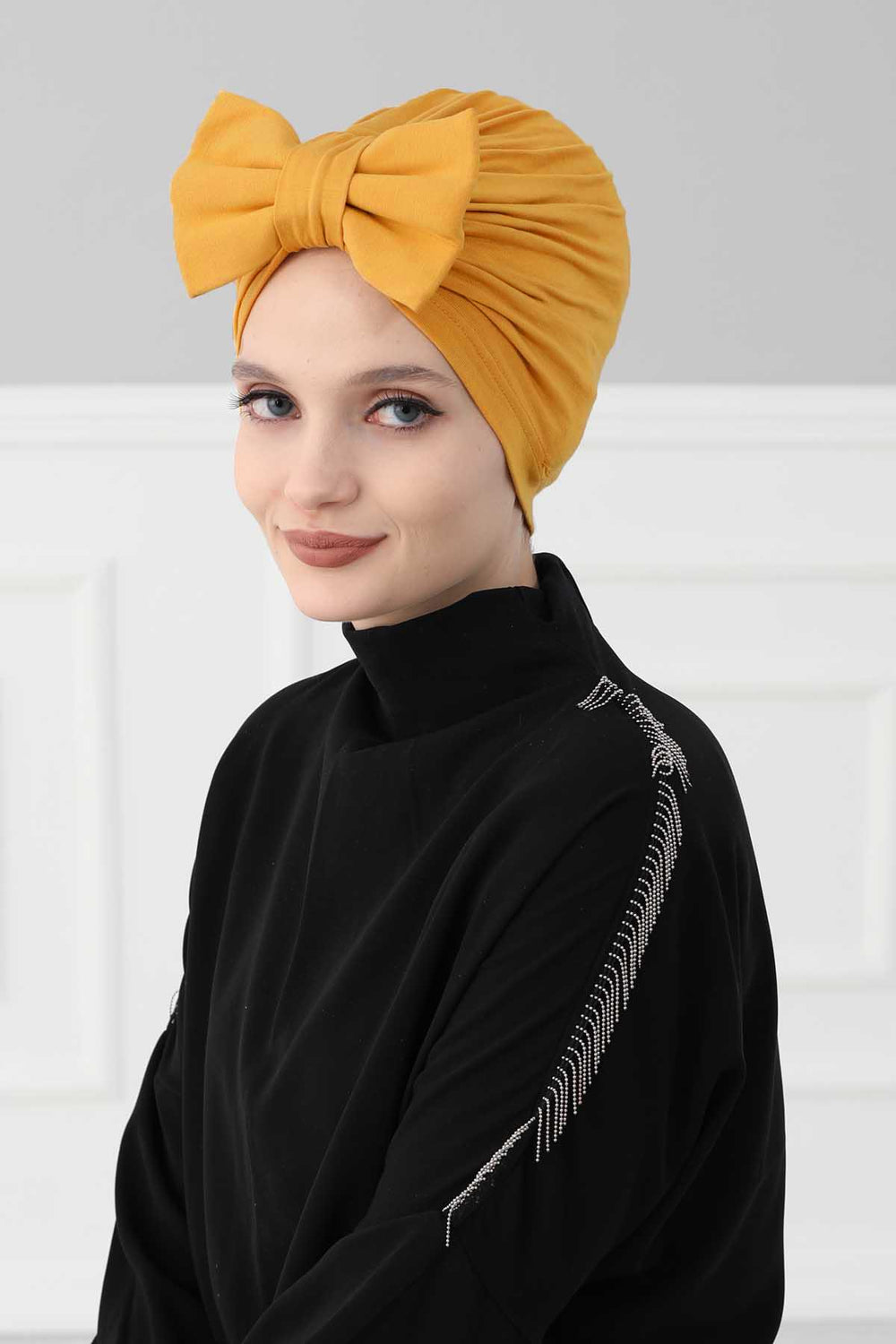 Plain Cotton Instant Turban with a Removable Big Bowtie, Chic Bonnet Scarf Head Wrap for Women, Comfortable and Stylish Chemo Headwear,B-27 Mustard Yellow
