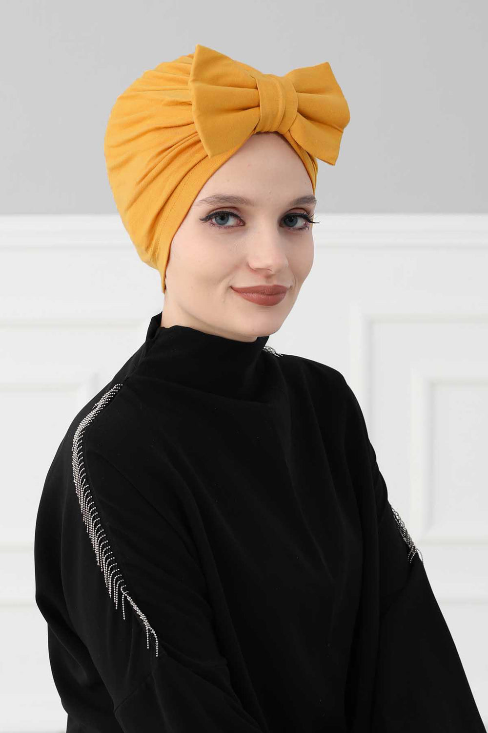 Plain Cotton Instant Turban with a Removable Big Bowtie, Chic Bonnet Scarf Head Wrap for Women, Comfortable and Stylish Chemo Headwear,B-27 Mustard Yellow