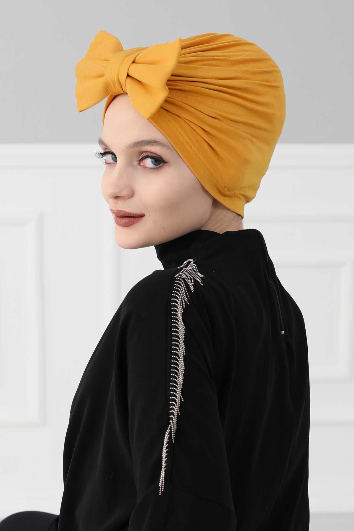 Plain Cotton Instant Turban with a Removable Big Bowtie, Chic Bonnet Scarf Head Wrap for Women, Comfortable and Stylish Chemo Headwear,B-27 Mustard Yellow