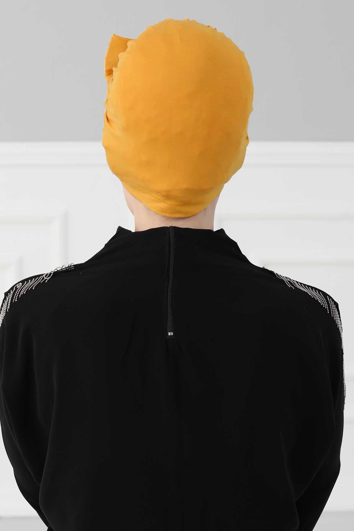 Plain Cotton Instant Turban with a Removable Big Bowtie, Chic Bonnet Scarf Head Wrap for Women, Comfortable and Stylish Chemo Headwear,B-27 Mustard Yellow