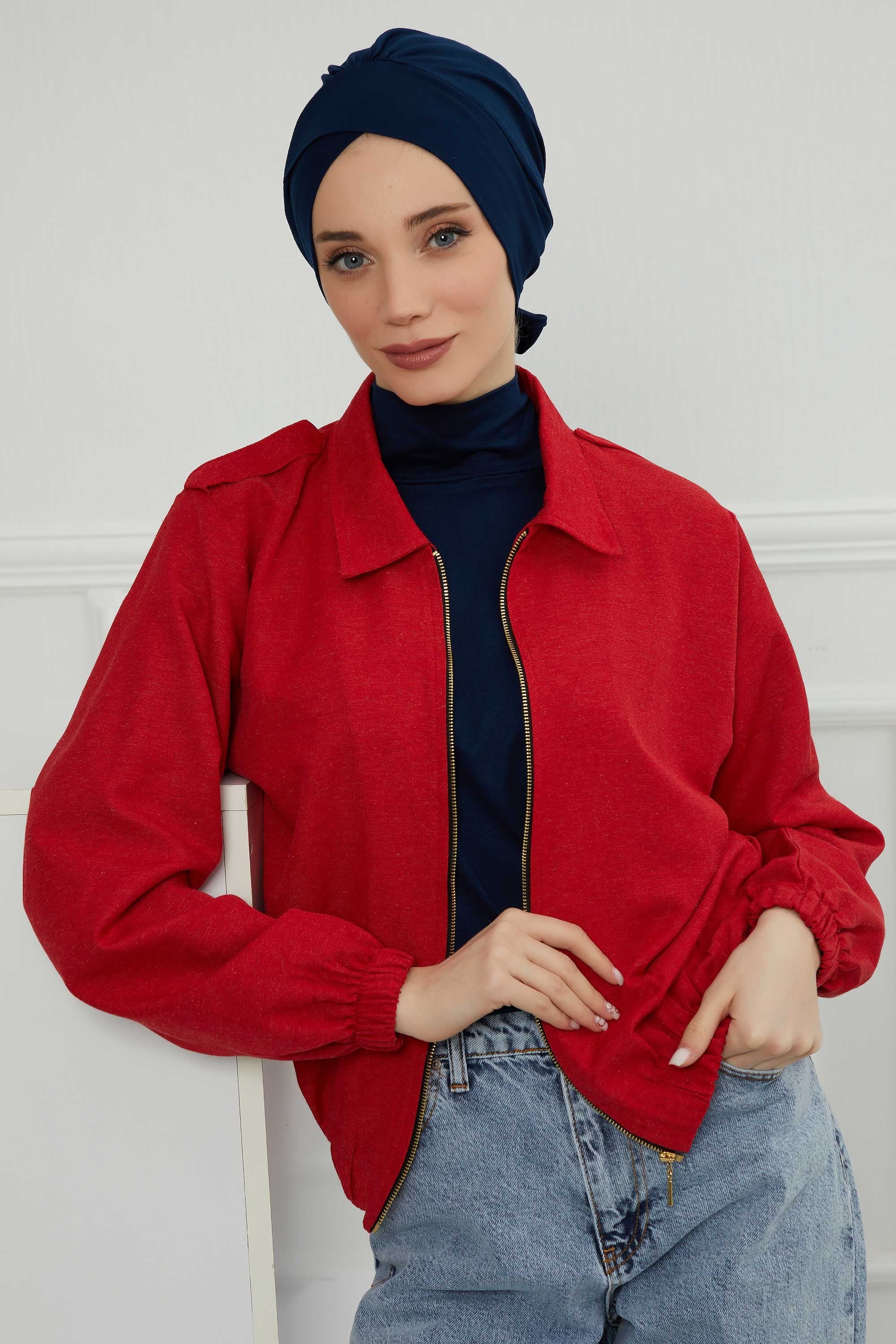 Plain Instant Turban Cotton Scarf Head Wrap, Belted Turban Bonnet for Women, Chic Design Instant Turban Hijab, Plain Chemo Bonnet Cap,B-31 Navy Blue