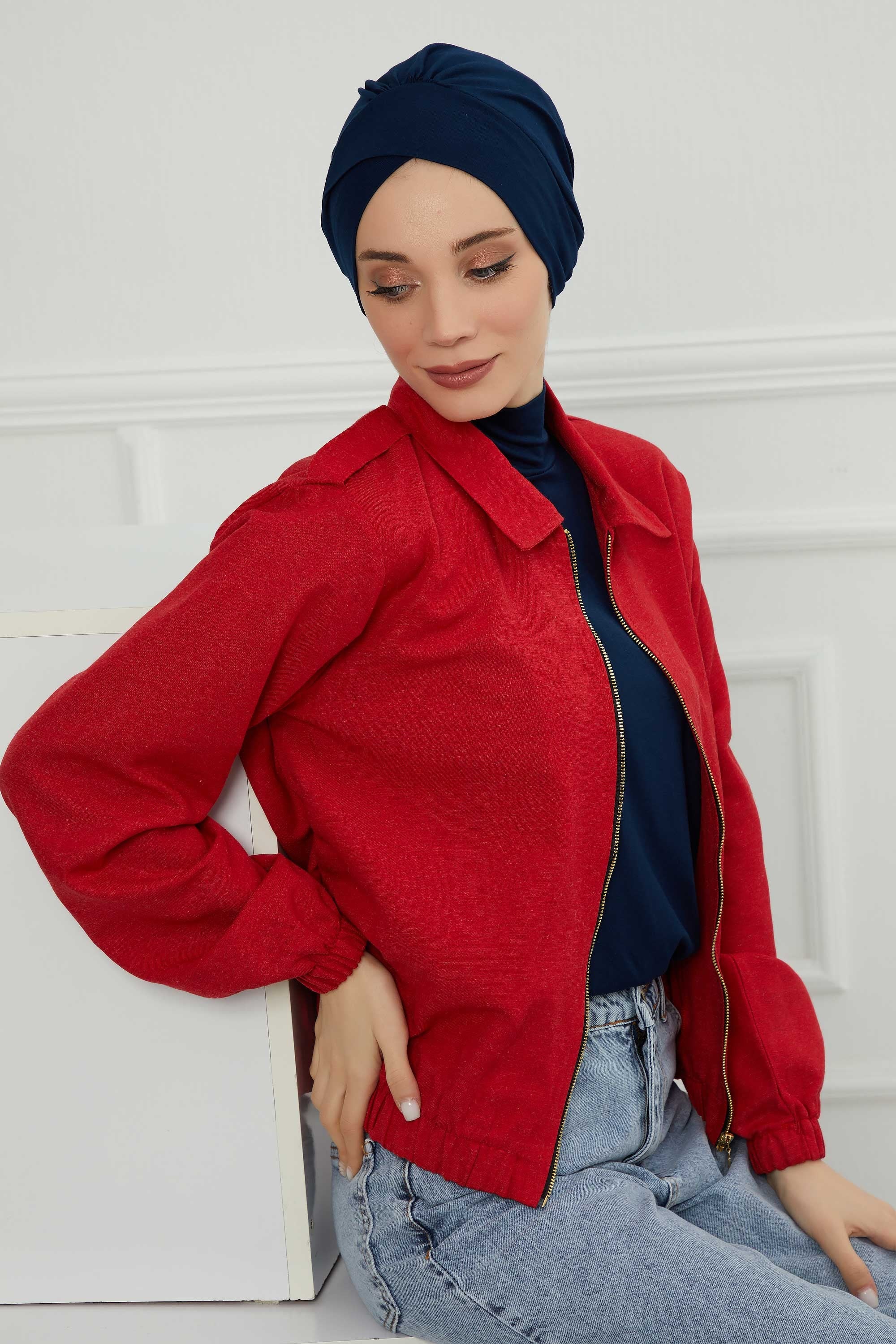 Plain Instant Turban Cotton Scarf Head Wrap, Belted Turban Bonnet for Women, Chic Design Instant Turban Hijab, Plain Chemo Bonnet Cap,B-31 Navy Blue