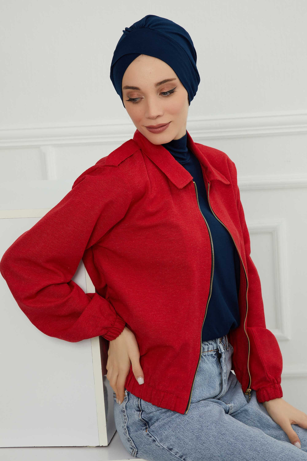 Plain Instant Turban Cotton Scarf Head Wrap, Belted Turban Bonnet for Women, Chic Design Instant Turban Hijab, Plain Chemo Bonnet Cap,B-31 Navy Blue