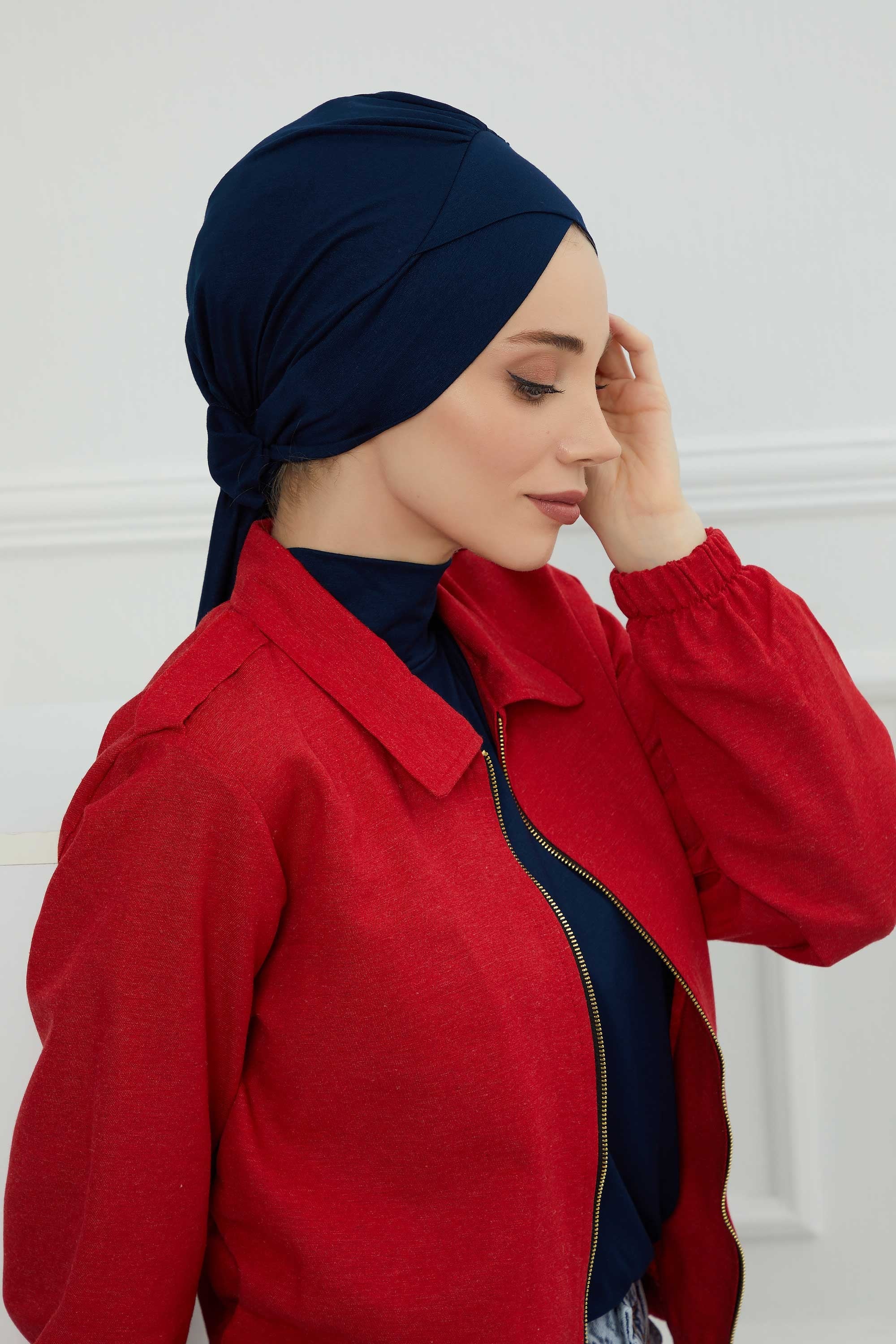 Plain Instant Turban Cotton Scarf Head Wrap, Belted Turban Bonnet for Women, Chic Design Instant Turban Hijab, Plain Chemo Bonnet Cap,B-31 Navy Blue