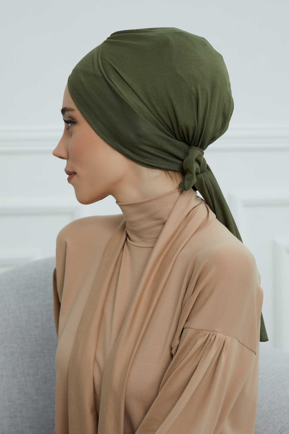 Plain Instant Turban Cotton Scarf Head Wrap, Belted Turban Bonnet for Women, Chic Design Instant Turban Hijab, Plain Chemo Bonnet Cap,B-31 Army Green