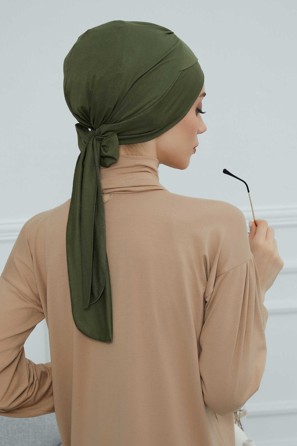 Plain Instant Turban Cotton Scarf Head Wrap, Belted Turban Bonnet for Women, Chic Design Instant Turban Hijab, Plain Chemo Bonnet Cap,B-31 Army Green
