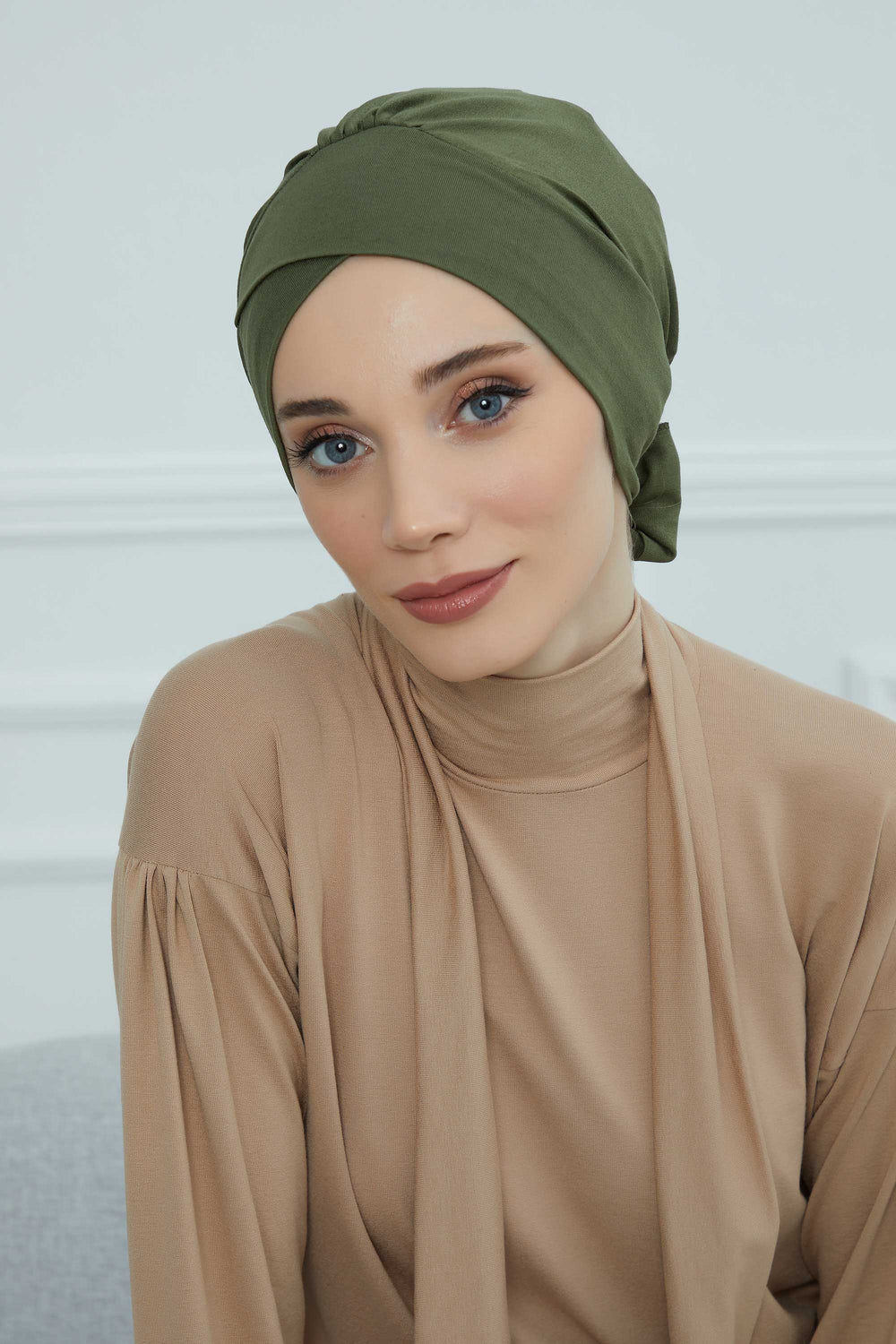 Plain Instant Turban Cotton Scarf Head Wrap, Belted Turban Bonnet for Women, Chic Design Instant Turban Hijab, Plain Chemo Bonnet Cap,B-31 Army Green