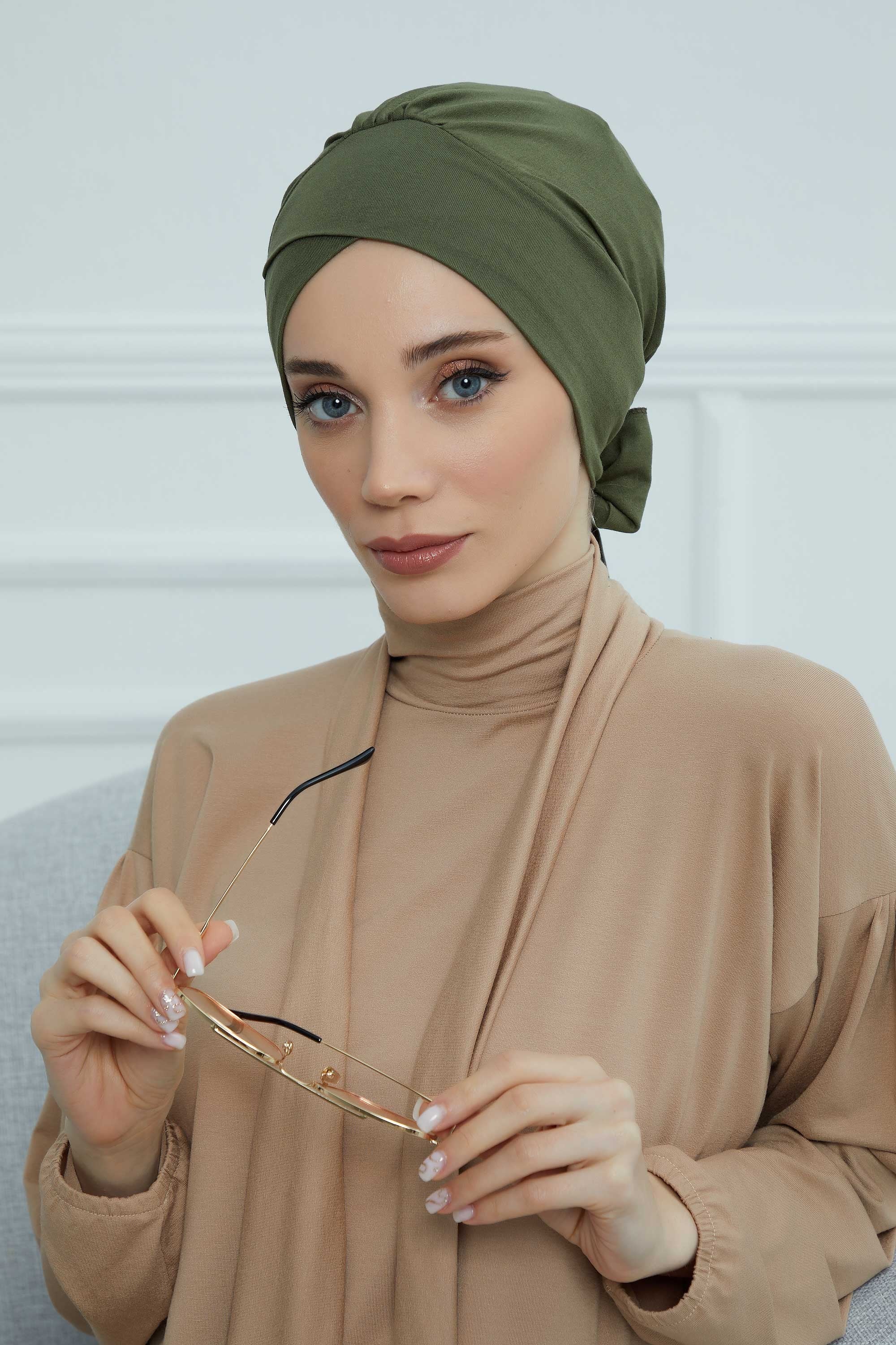 Plain Instant Turban Cotton Scarf Head Wrap, Belted Turban Bonnet for Women, Chic Design Instant Turban Hijab, Plain Chemo Bonnet Cap,B-31 Army Green