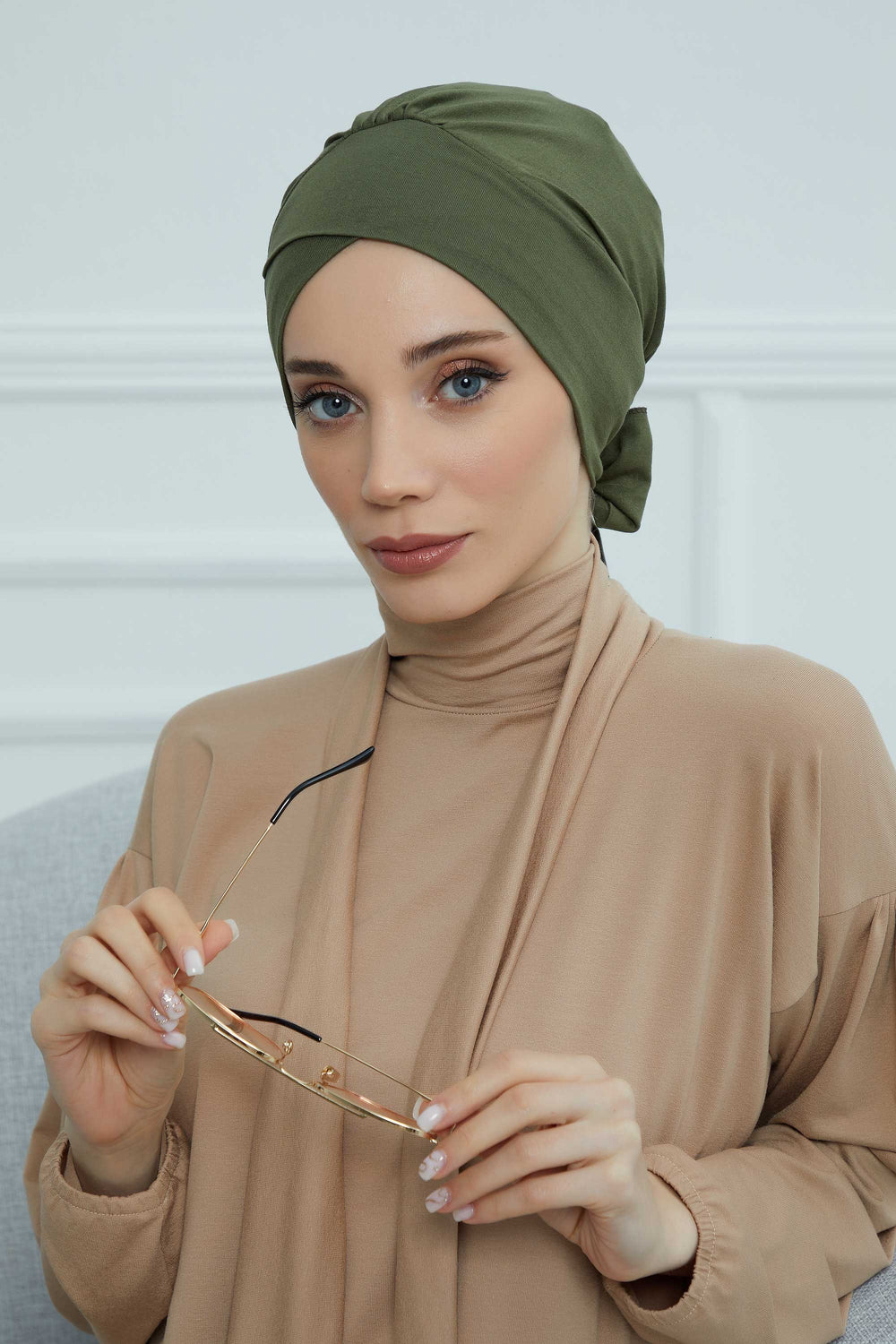 Plain Instant Turban Cotton Scarf Head Wrap, Belted Turban Bonnet for Women, Chic Design Instant Turban Hijab, Plain Chemo Bonnet Cap,B-31 Army Green