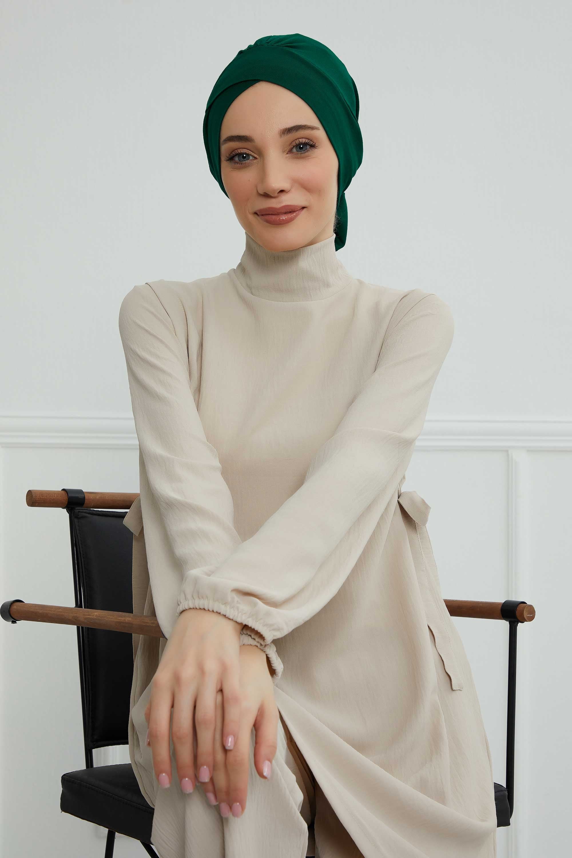 Plain Instant Turban Cotton Scarf Head Wrap, Belted Turban Bonnet for Women, Chic Design Instant Turban Hijab, Plain Chemo Bonnet Cap,B-31 Green