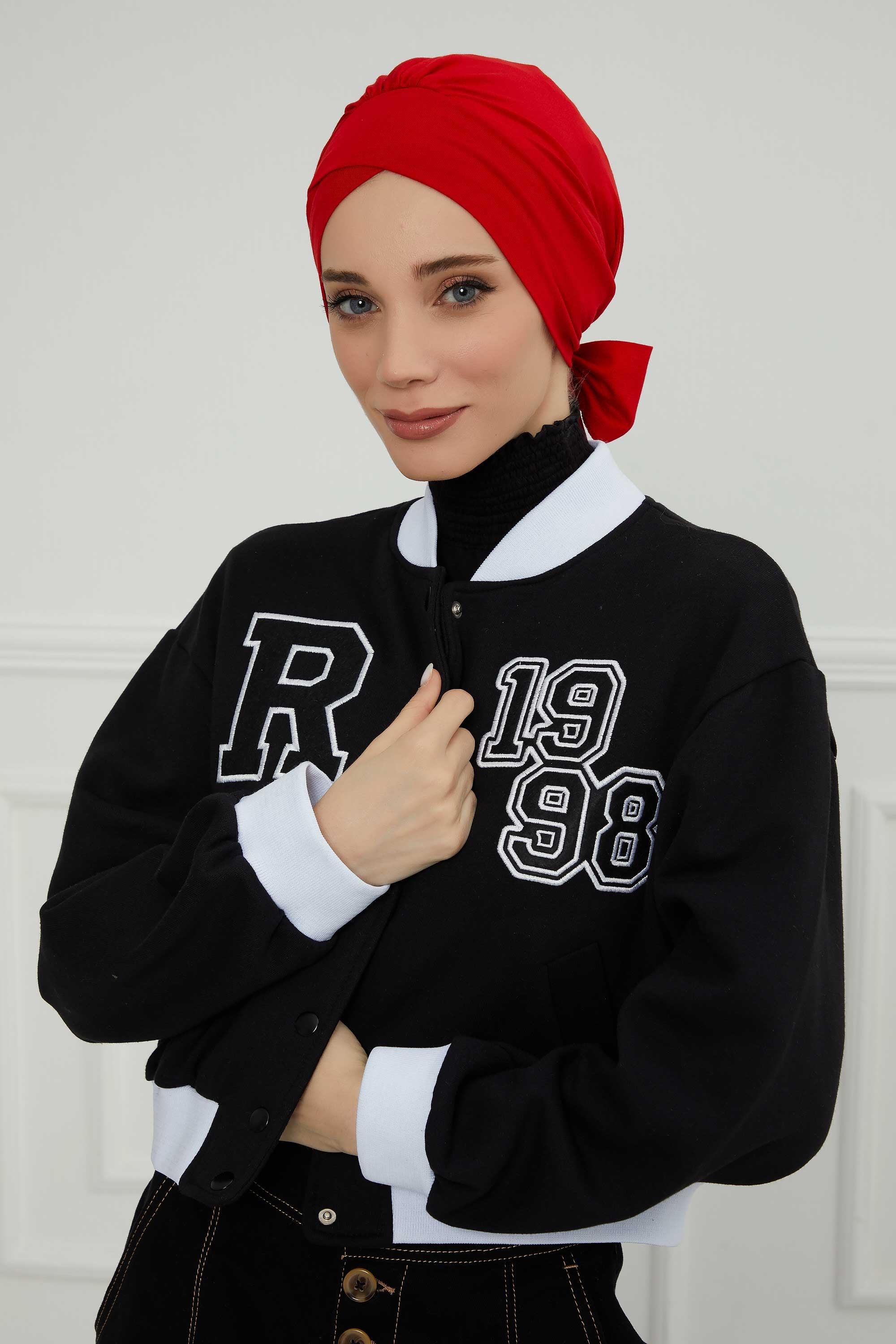 Plain Instant Turban Cotton Scarf Head Wrap, Belted Turban Bonnet for Women, Chic Design Instant Turban Hijab, Plain Chemo Bonnet Cap,B-31 Red