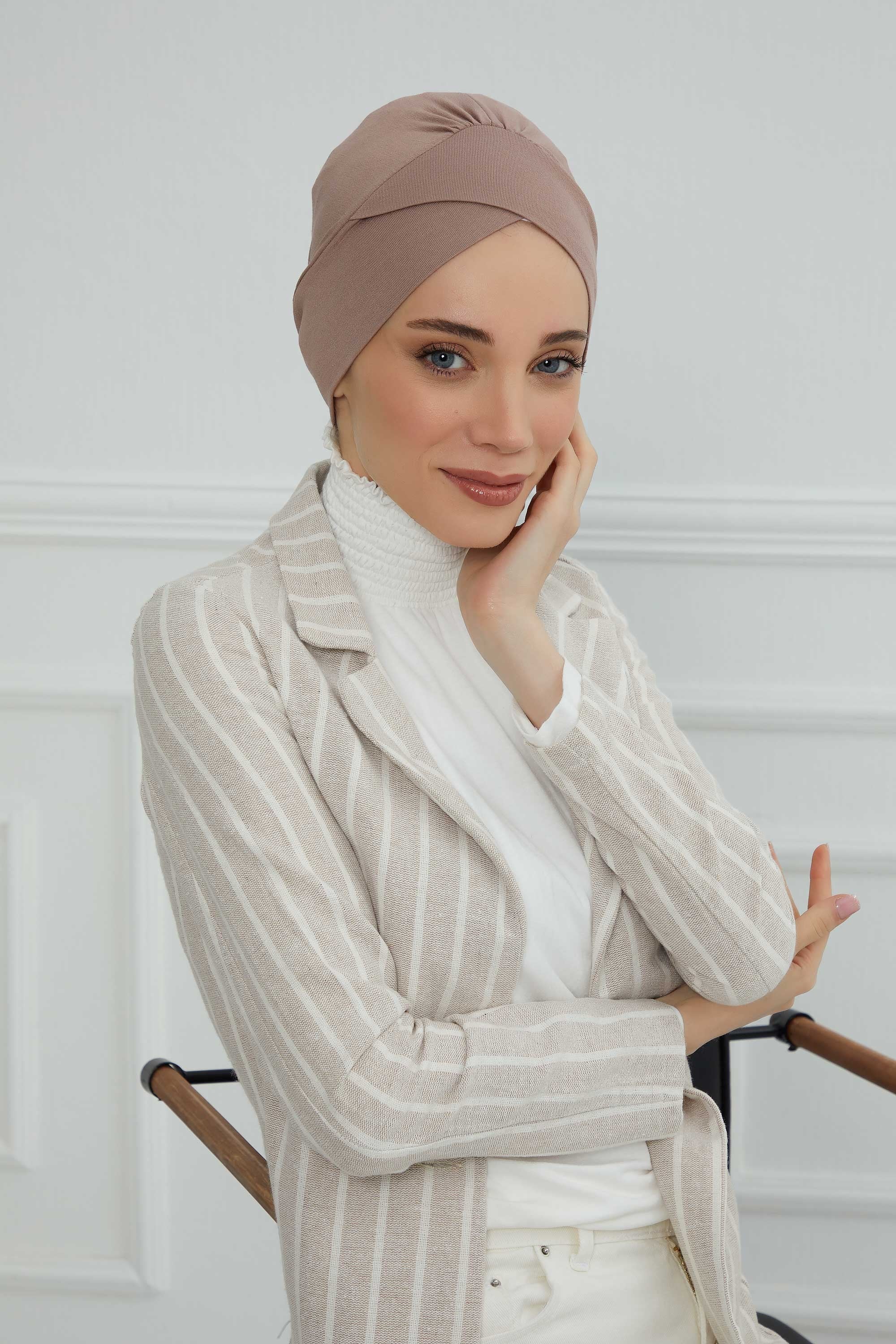 Plain Instant Turban Cotton Scarf Head Wrap, Belted Turban Bonnet for Women, Chic Design Instant Turban Hijab, Plain Chemo Bonnet Cap,B-31 Mink