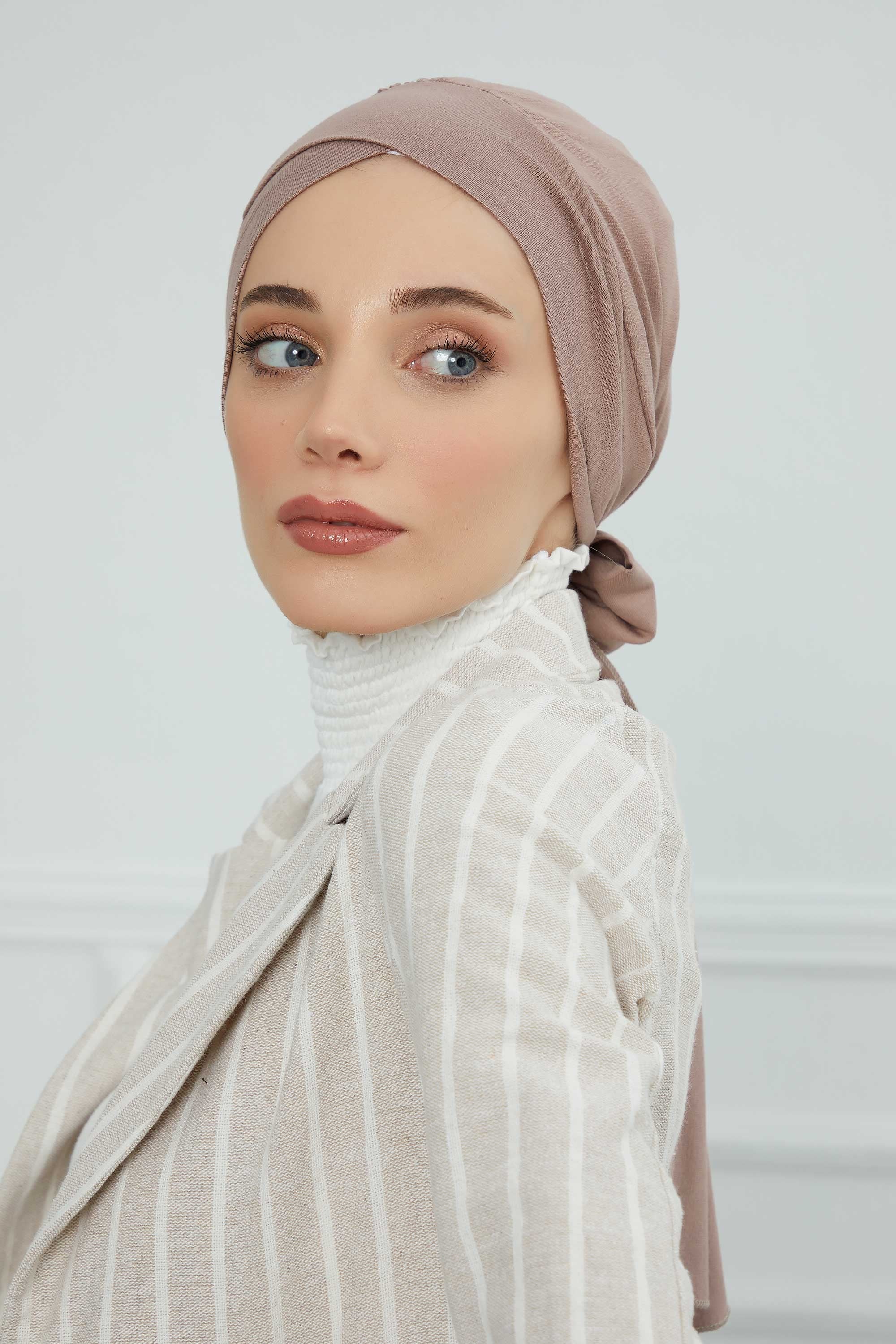 Plain Instant Turban Cotton Scarf Head Wrap, Belted Turban Bonnet for Women, Chic Design Instant Turban Hijab, Plain Chemo Bonnet Cap,B-31 Mink