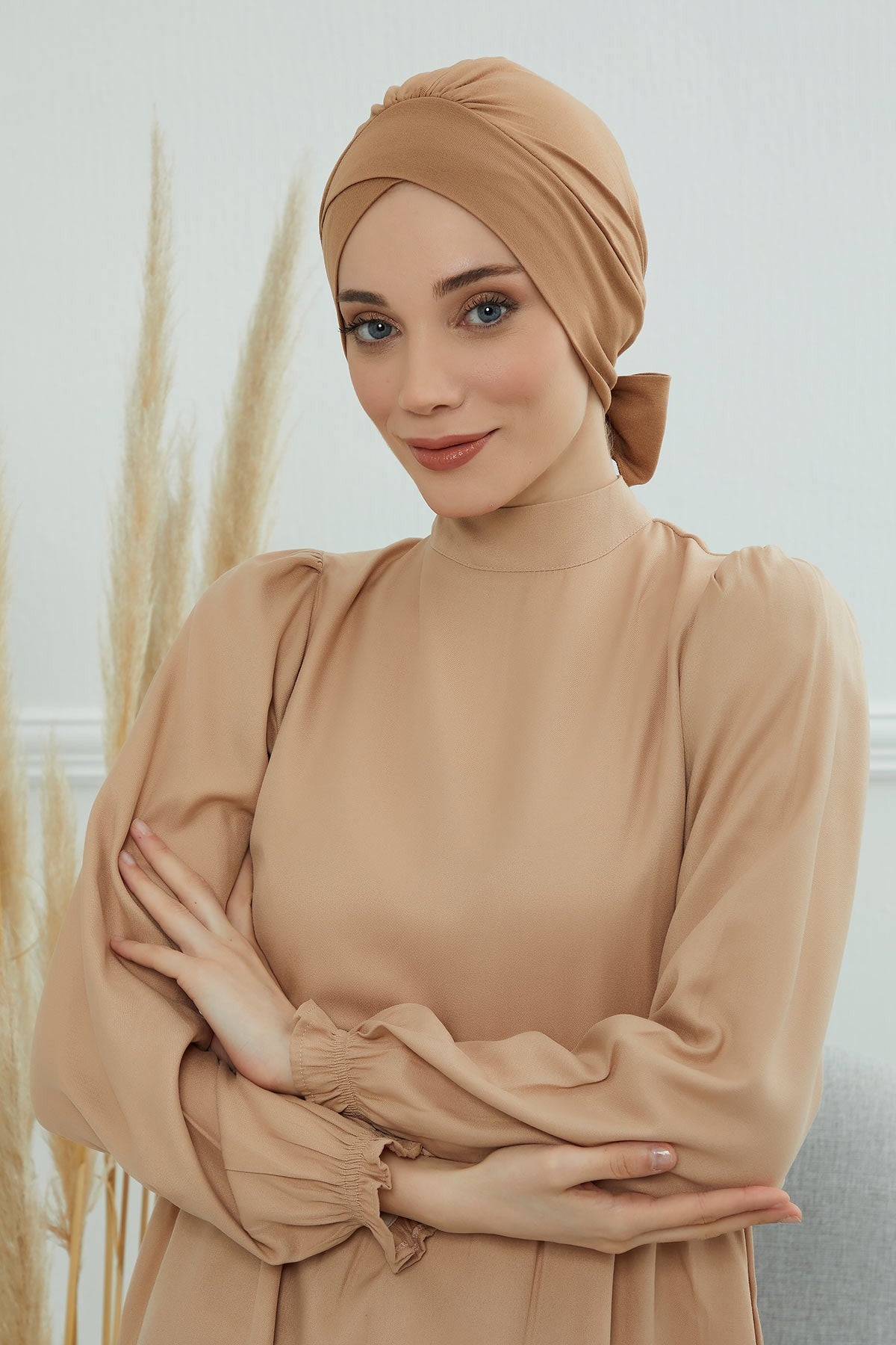 Plain Instant Turban Cotton Scarf Head Wrap, Belted Turban Bonnet for Women, Chic Design Instant Turban Hijab, Plain Chemo Bonnet Cap,B-31 Light Brown