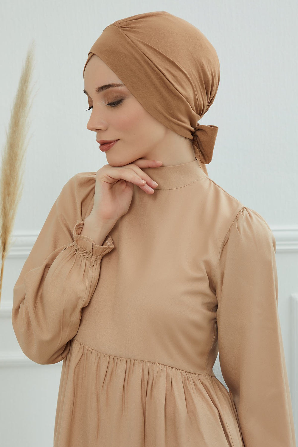 Plain Instant Turban Cotton Scarf Head Wrap, Belted Turban Bonnet for Women, Chic Design Instant Turban Hijab, Plain Chemo Bonnet Cap,B-31 Light Brown