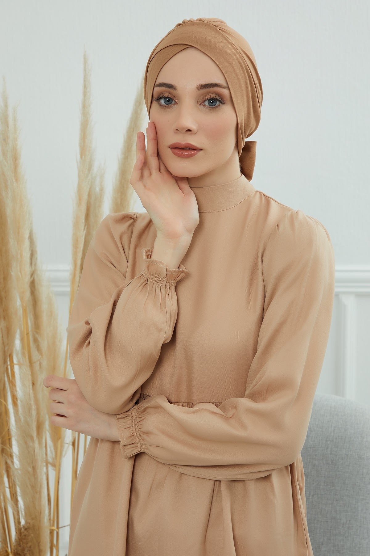 Plain Instant Turban Cotton Scarf Head Wrap, Belted Turban Bonnet for Women, Chic Design Instant Turban Hijab, Plain Chemo Bonnet Cap,B-31 Light Brown