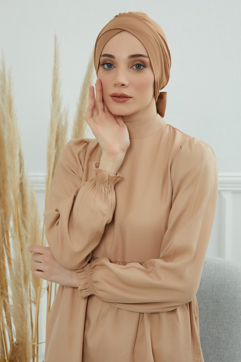 وشاح عمامة قطني سادة فوري للرأس، غطاء رأس عمامة بحزام للنساء، حجاب عمامة فوري بتصميم أنيق، قبعة بونيه كيميائي سادة، B-31