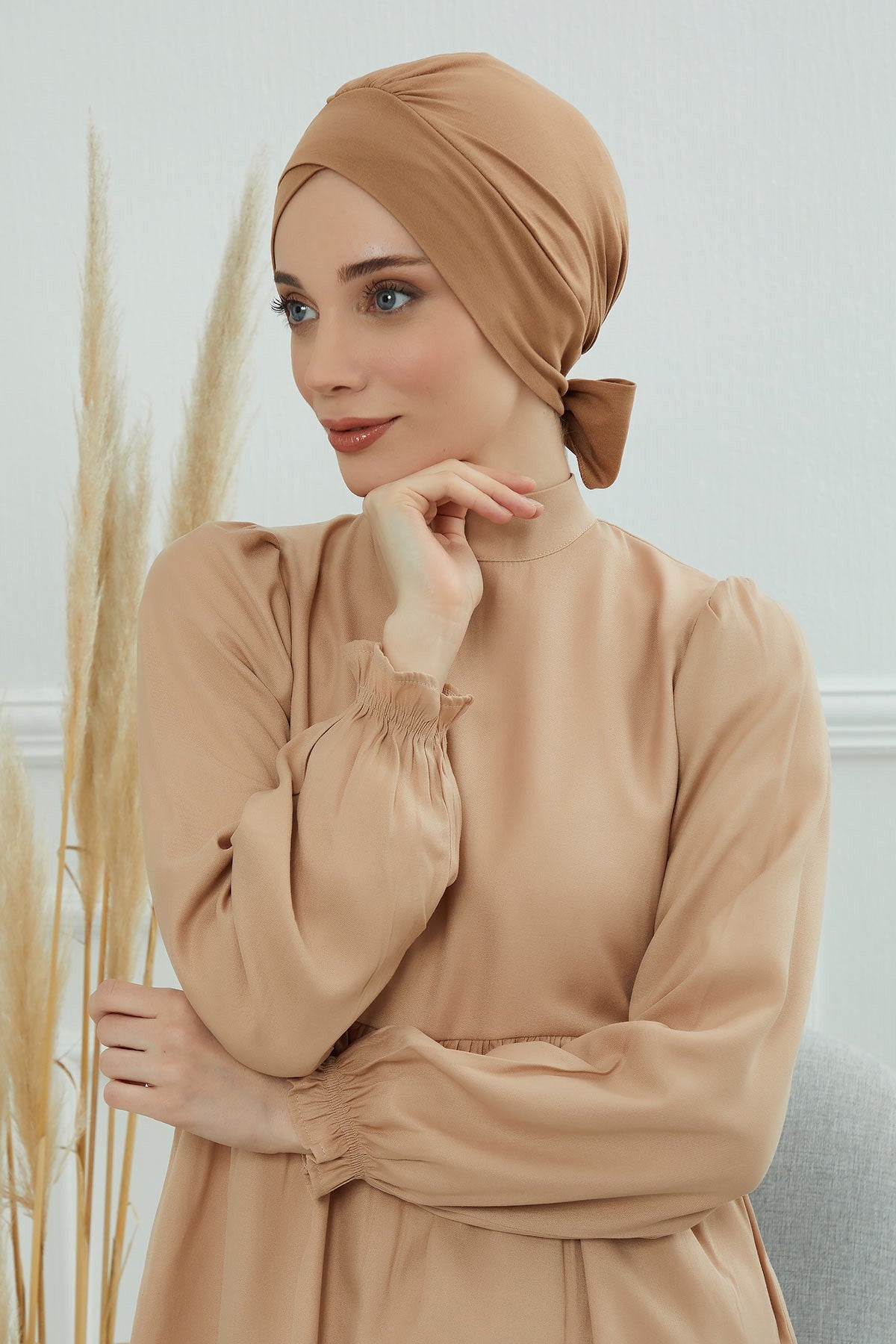 Plain Instant Turban Cotton Scarf Head Wrap, Belted Turban Bonnet for Women, Chic Design Instant Turban Hijab, Plain Chemo Bonnet Cap,B-31 Light Brown