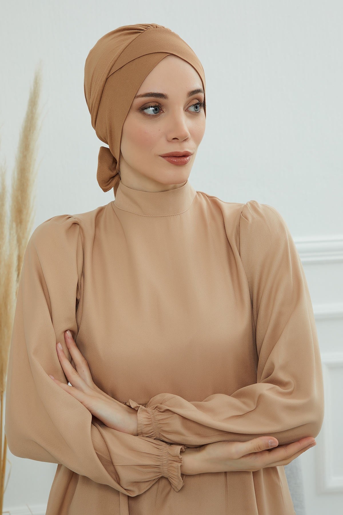 Plain Instant Turban Cotton Scarf Head Wrap, Belted Turban Bonnet for Women, Chic Design Instant Turban Hijab, Plain Chemo Bonnet Cap,B-31 Light Brown