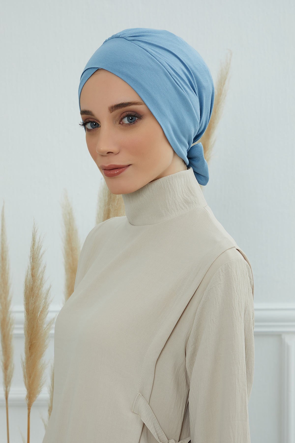 Plain Instant Turban Cotton Scarf Head Wrap, Belted Turban Bonnet for Women, Chic Design Instant Turban Hijab, Plain Chemo Bonnet Cap,B-31 Blue